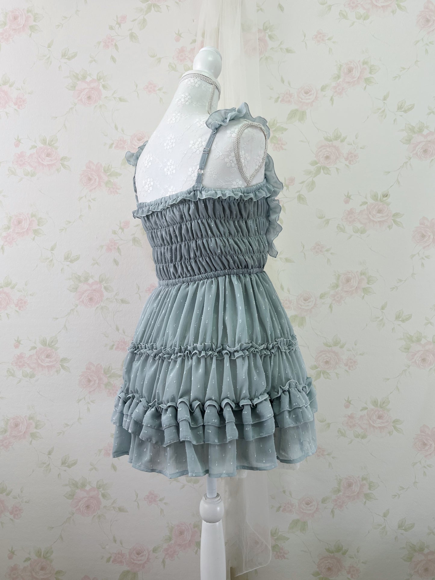 GRL Frilled Strap Tiered Dress (Grayish Blue Green)