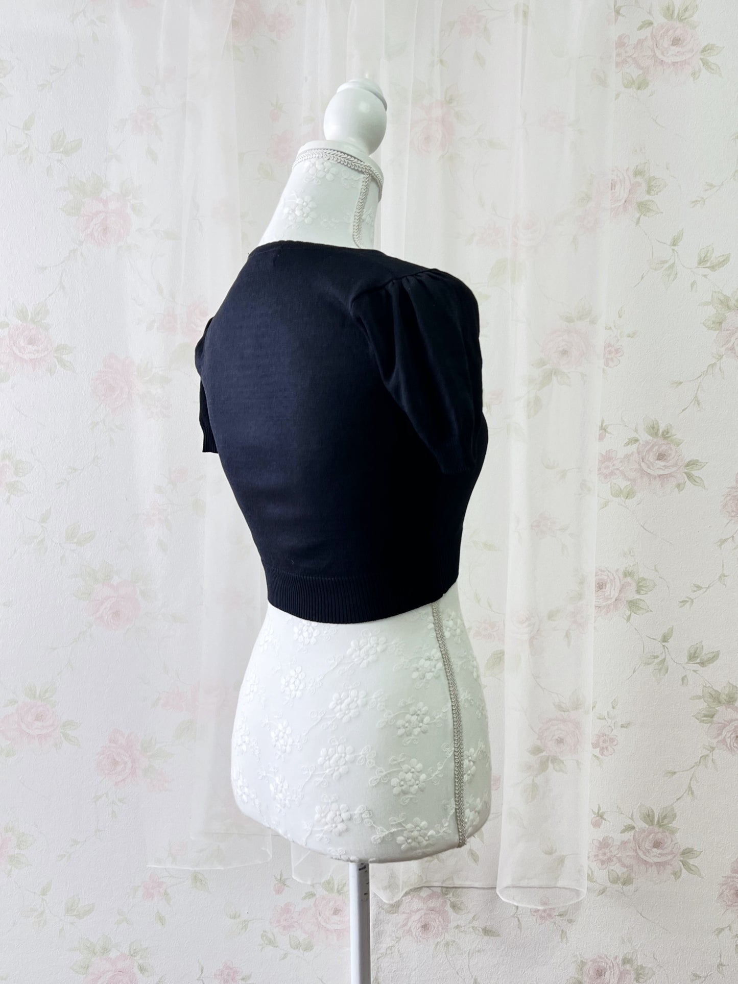 Crystal Button Short Cardigan (Black)