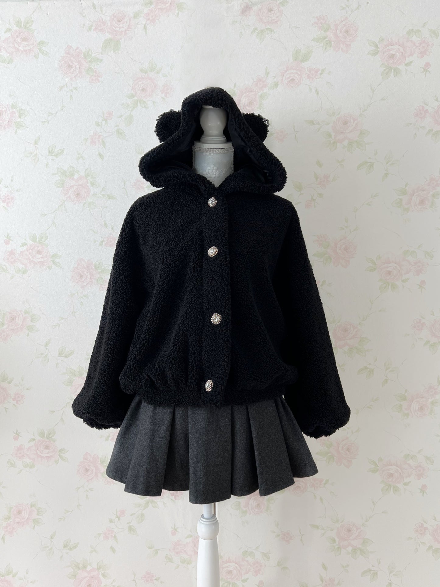 (10% OFF) ROJITA Bear Ear Boa Hoodie Jacket (Black)