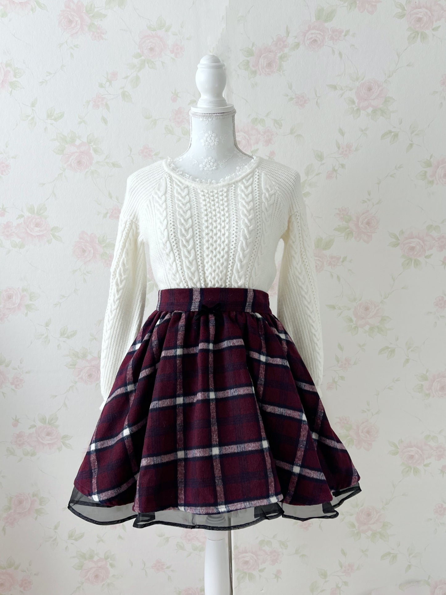 Ank Rouge Checked Flare Skirt (Red)