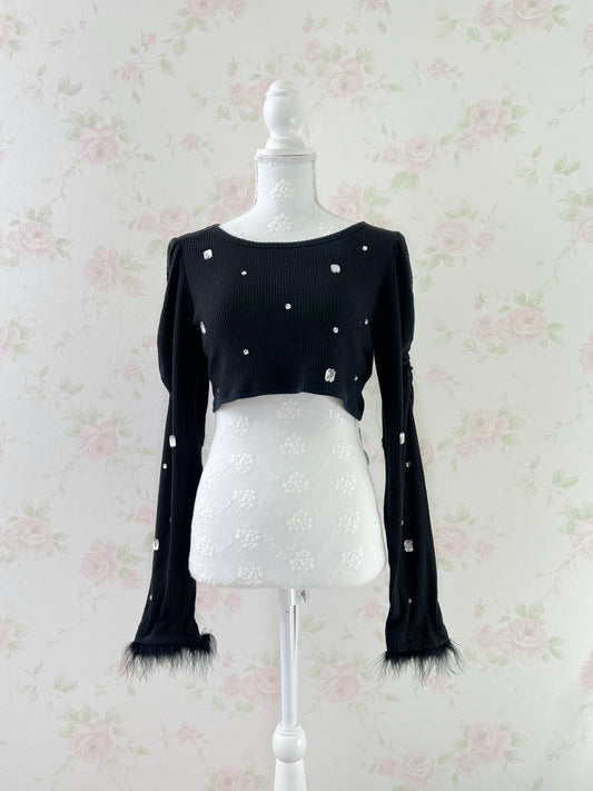 Ank Rouge Back Laced Up Feather Sleeve Top (Black)