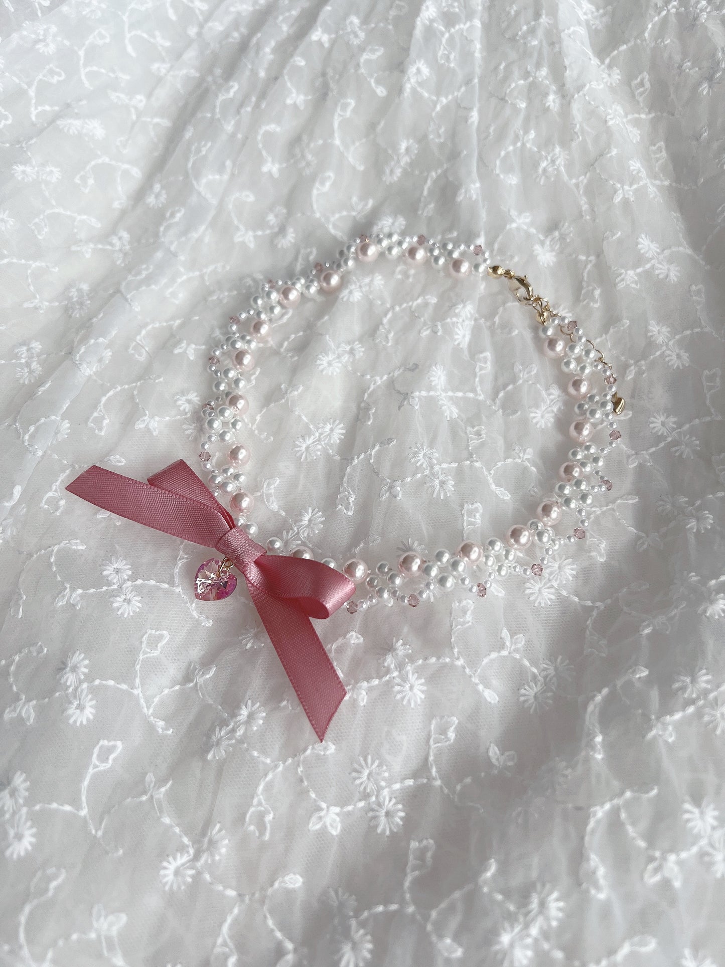 Ribbon Kirakira Heart Pearl Necklace