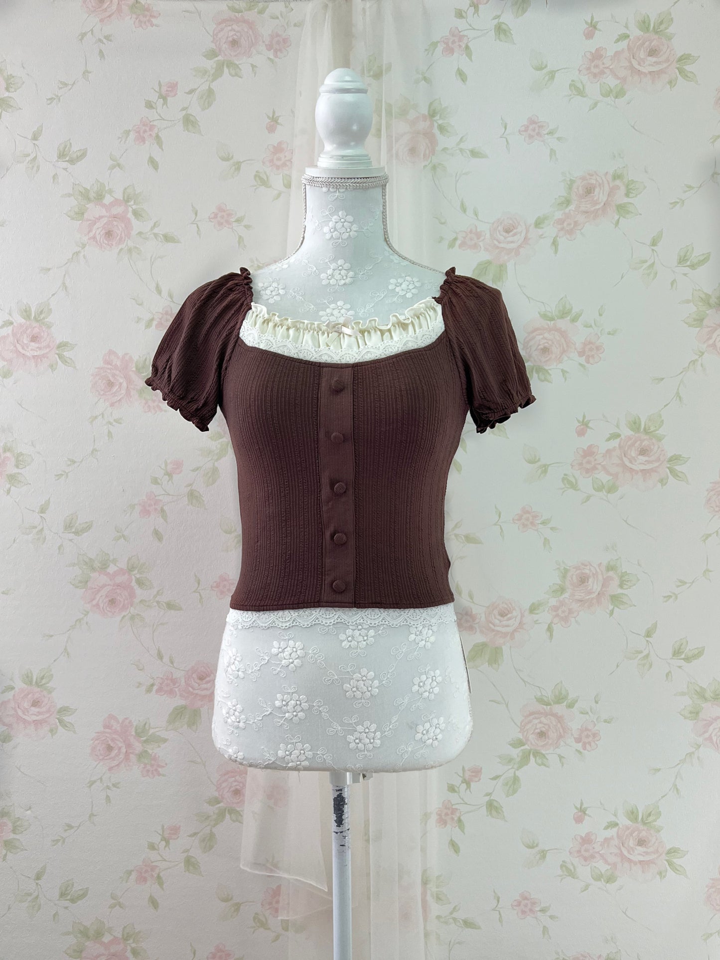 GRL Lace Shoujo Milkmaid Tops (Brown)
