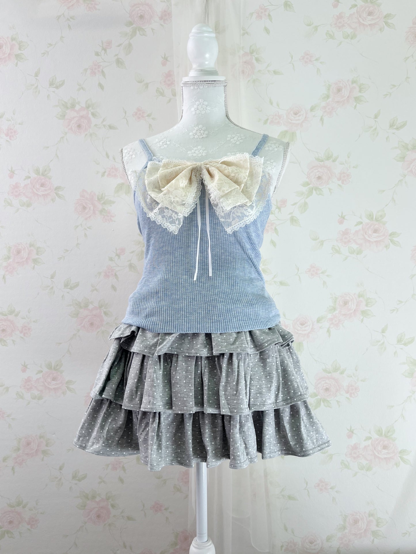 Polka Dot Tiered Skirt (Gray)