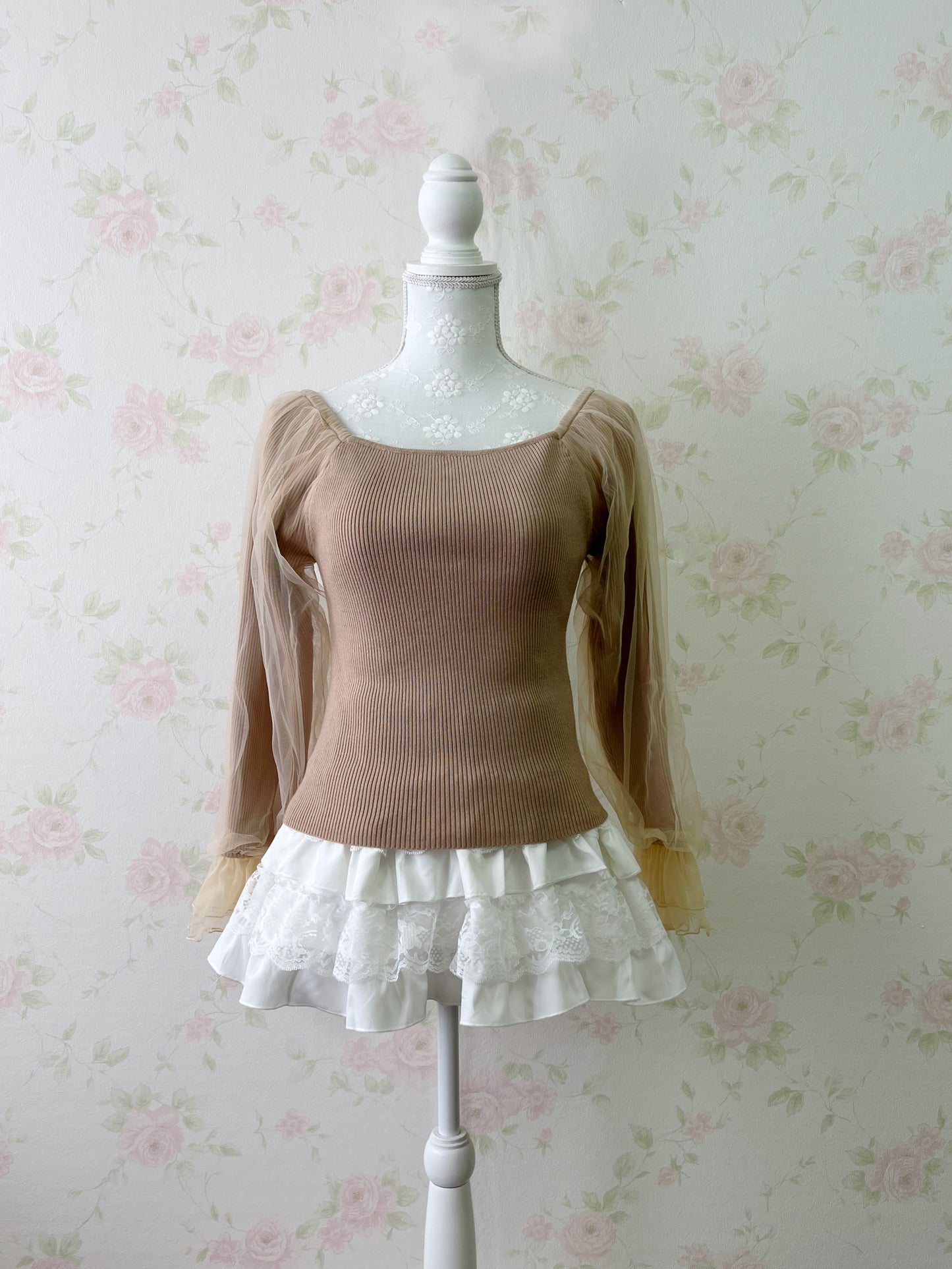 MIIA Tulle Sleeve Knit Top