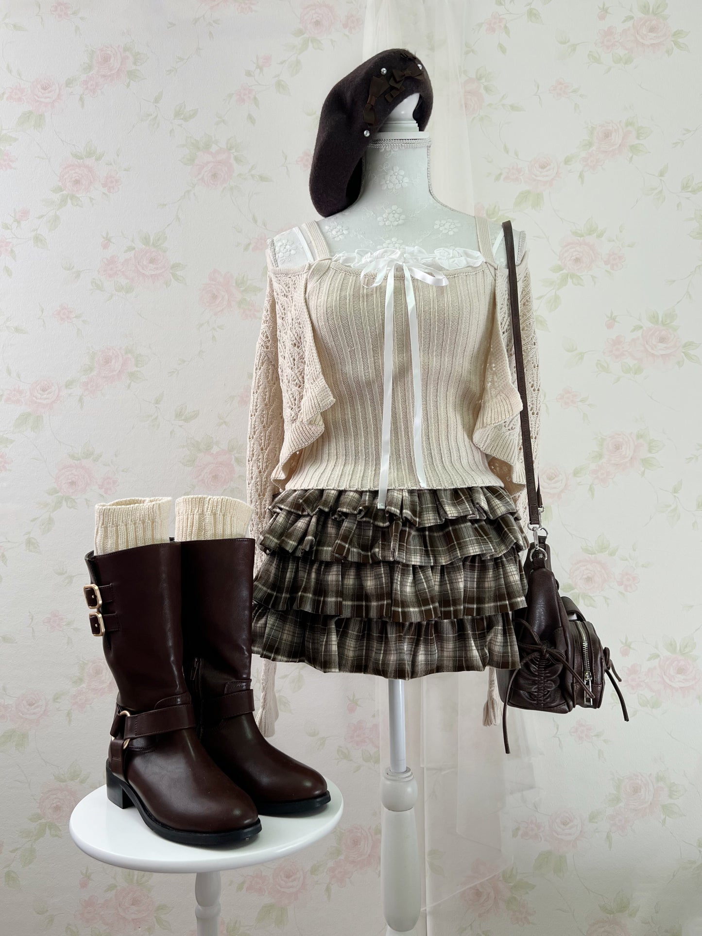 GRL Ruffled Hem Knitted Camisole Cardigan Set (Beige)
