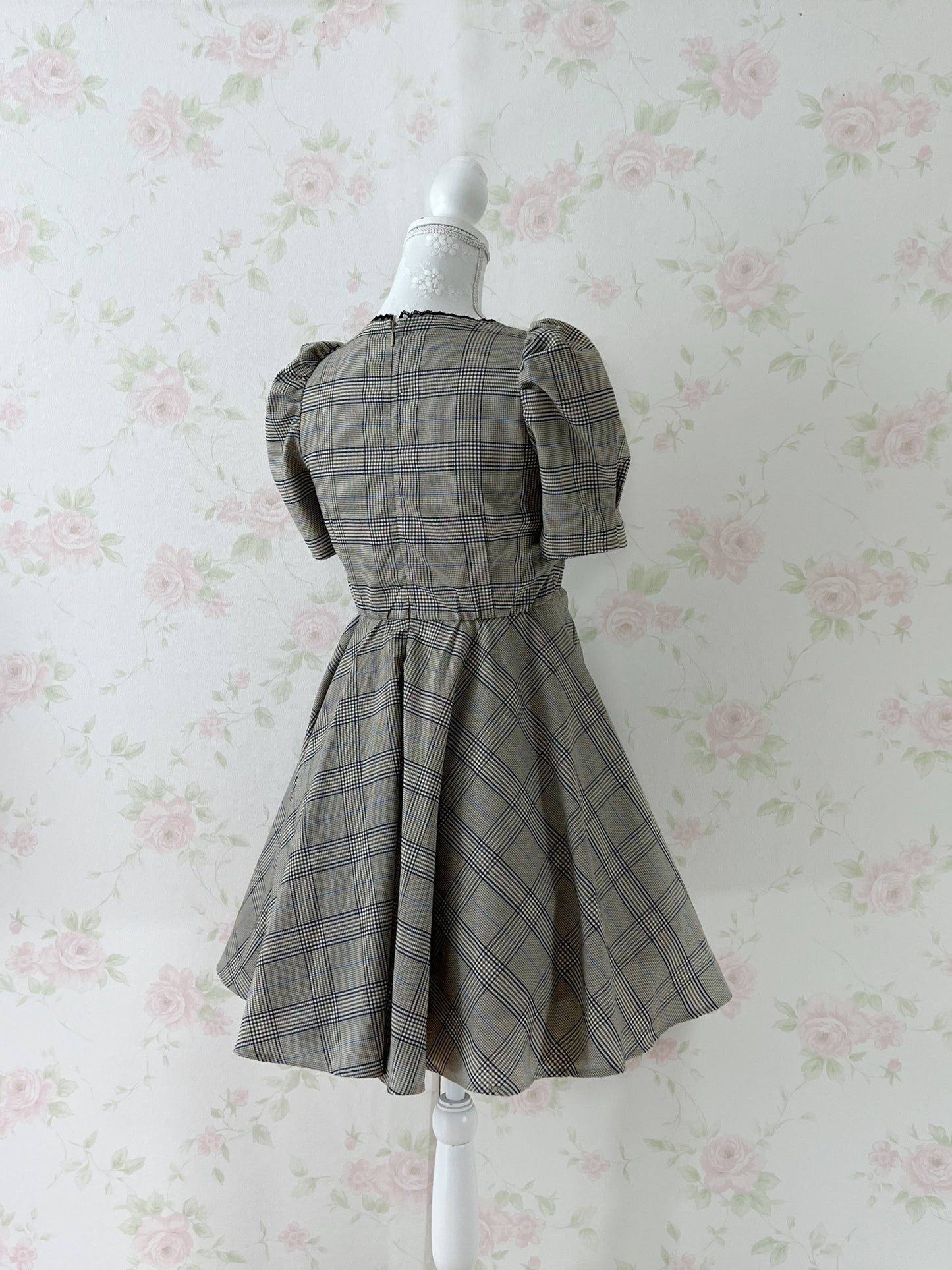Honey Cinnamon Puff Sleeved Checked Dress