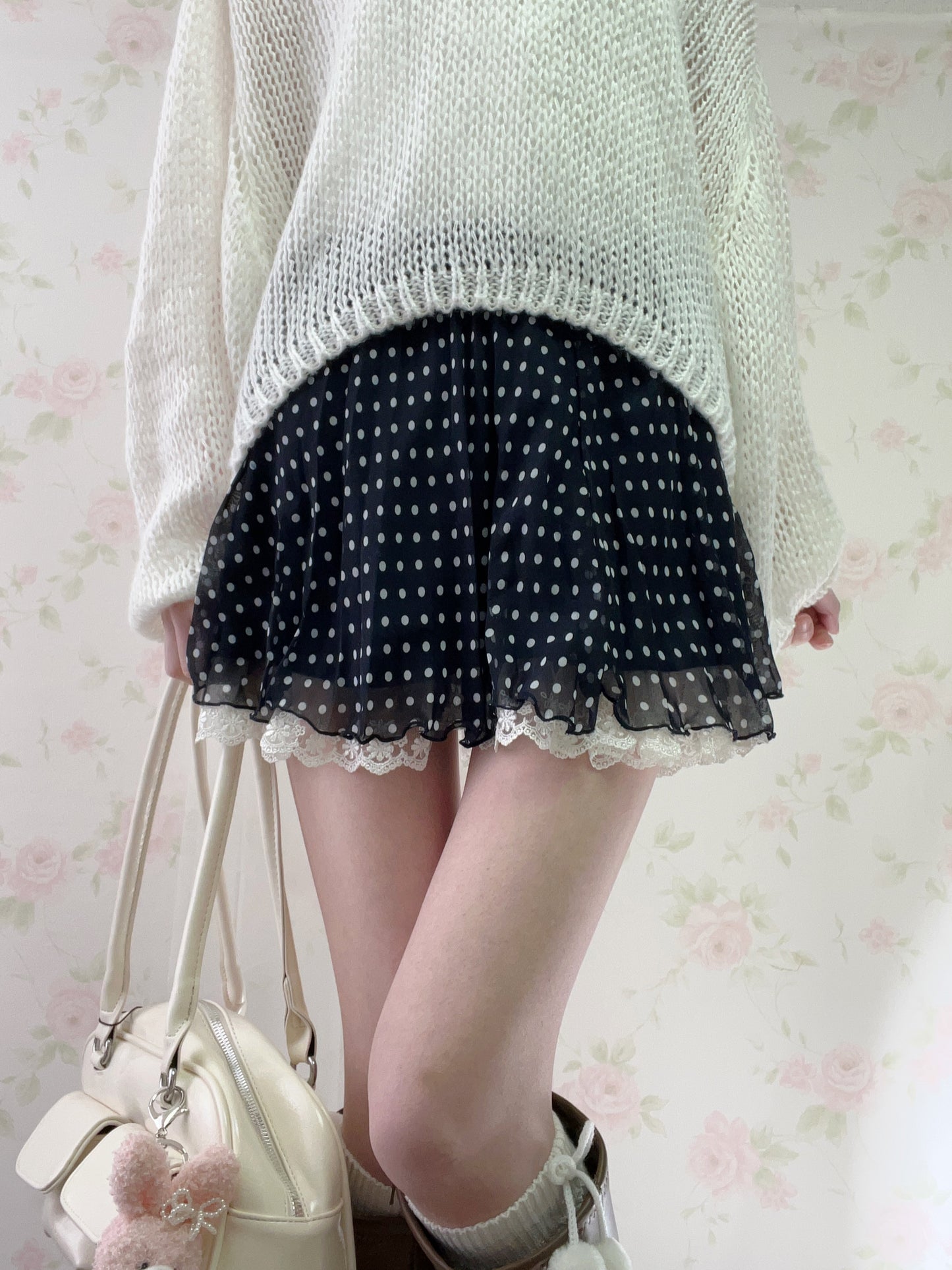 Honey’s Polka Dot Lace Hem Pleated Skirt