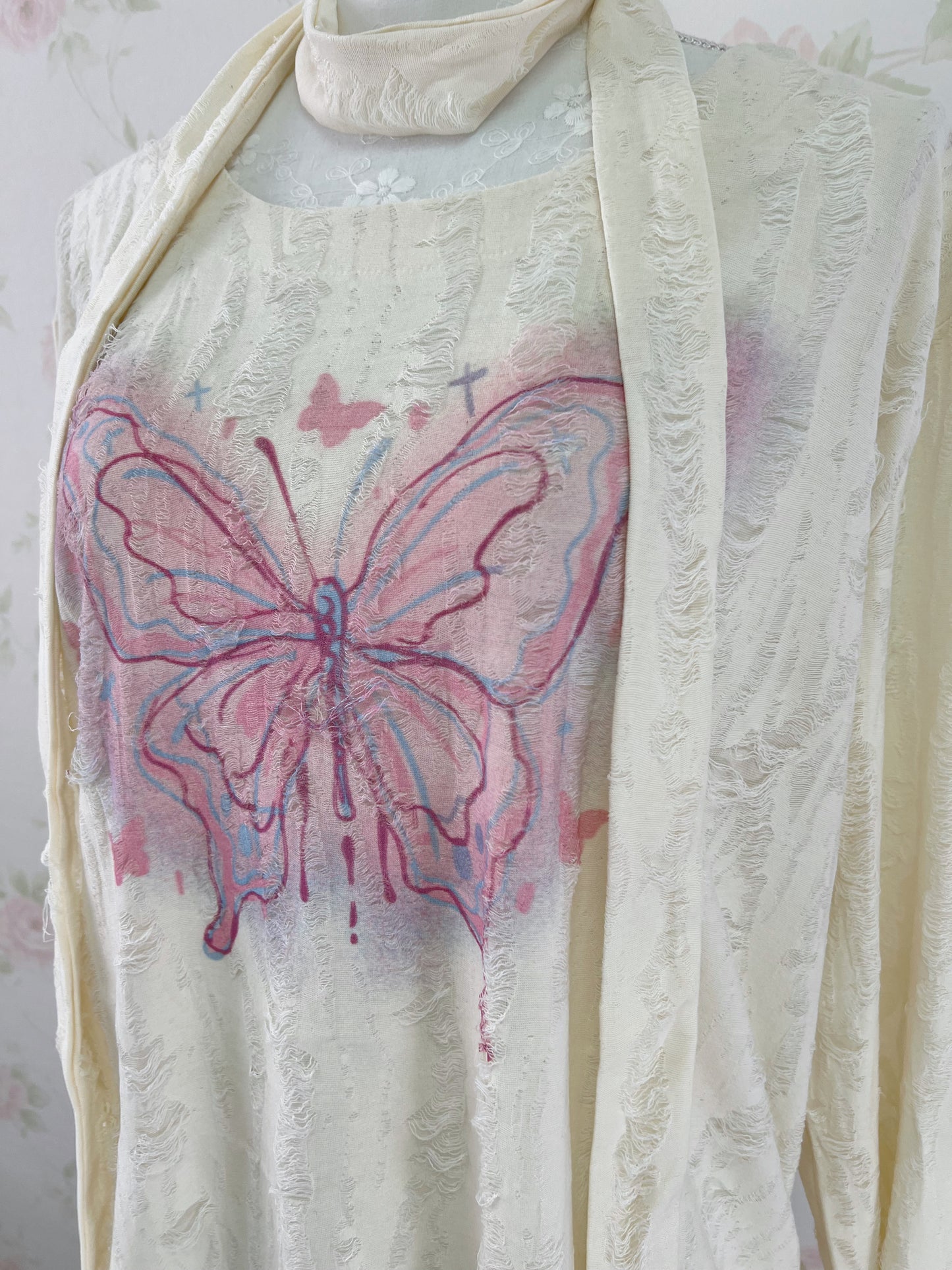 Butterfly Printed Damaged Long Sleeved Top