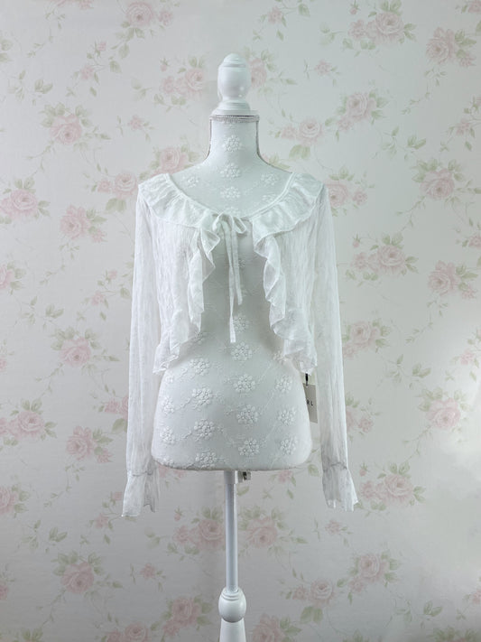 GRL Lacy Front String Ruffled Cardigan (White)