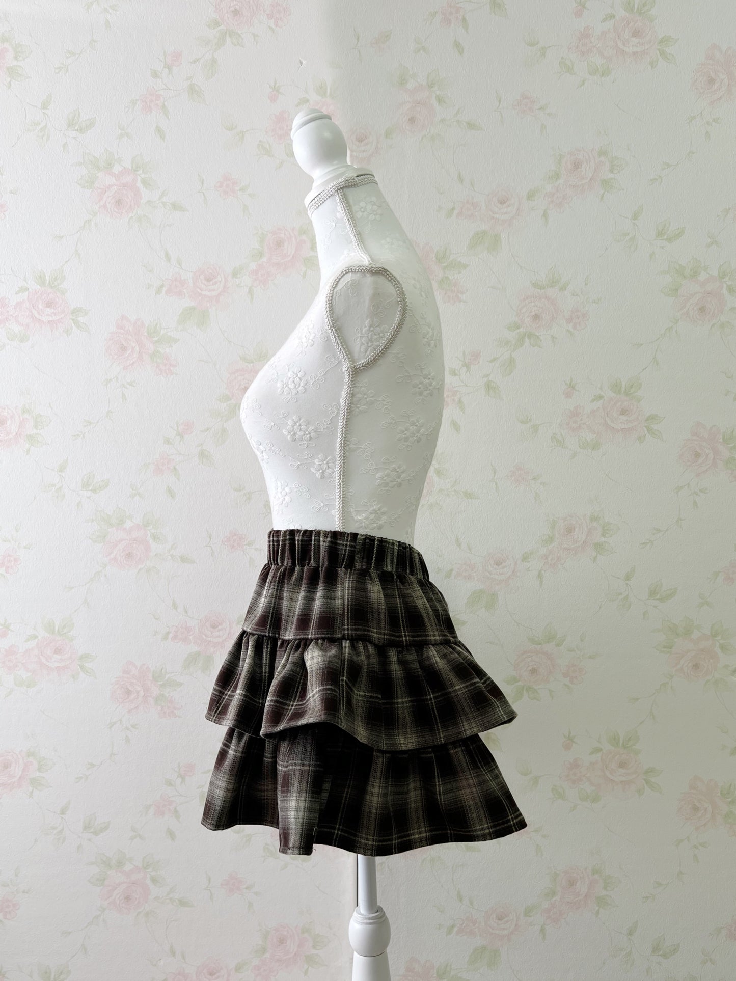 GRL Tiered Checked Skirt (Brown)