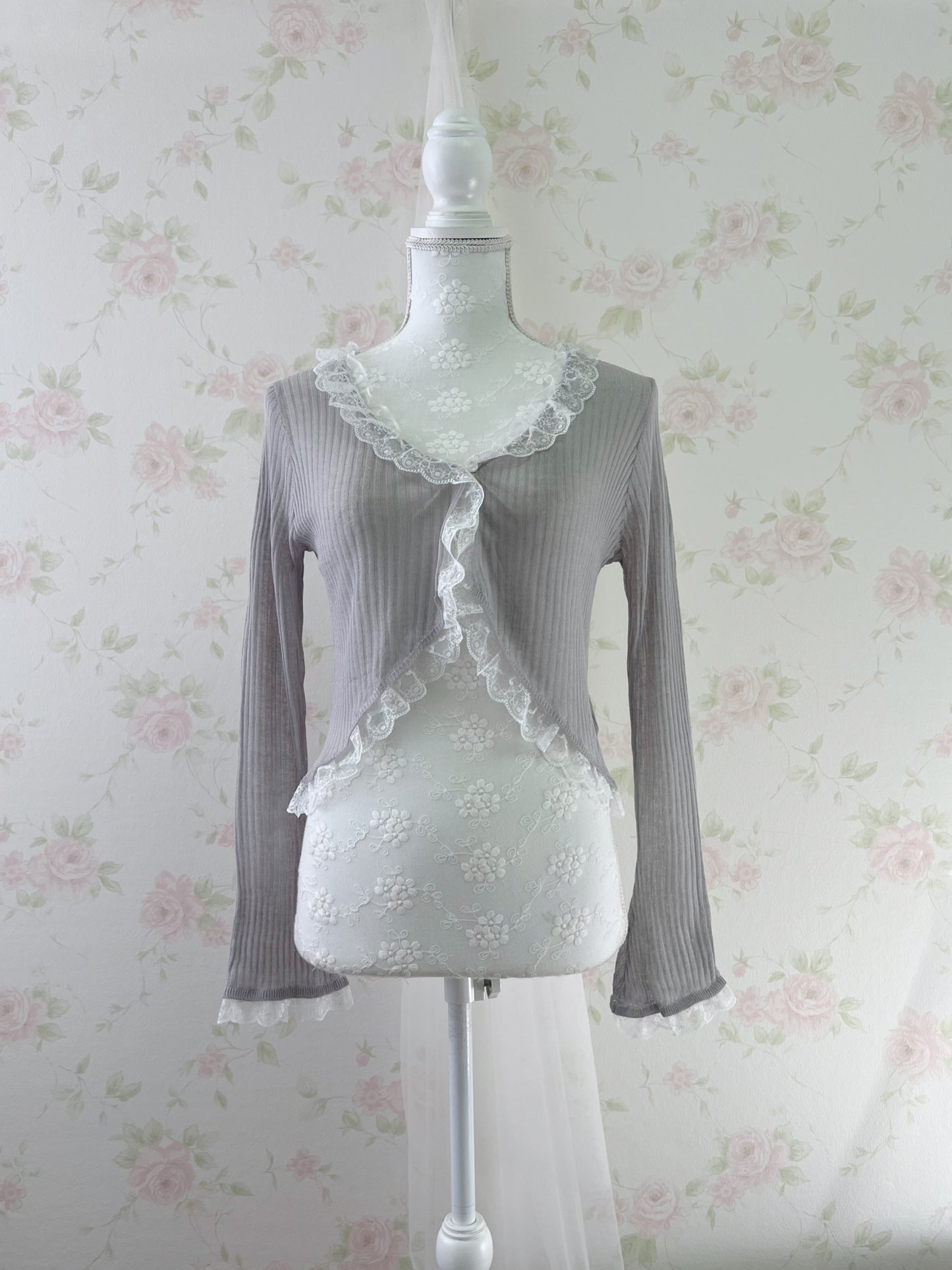 GRL Lacy Lacy Princess Sleeve Cardigan (Gray)