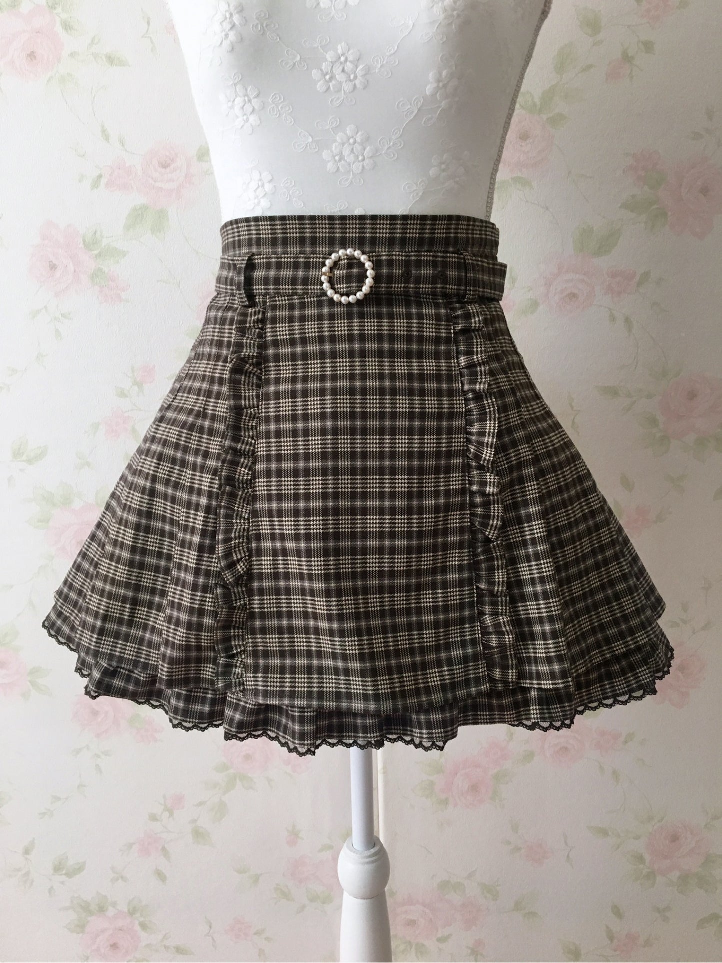 Honey Cinnamon Checked Belt Skirt (Brown)