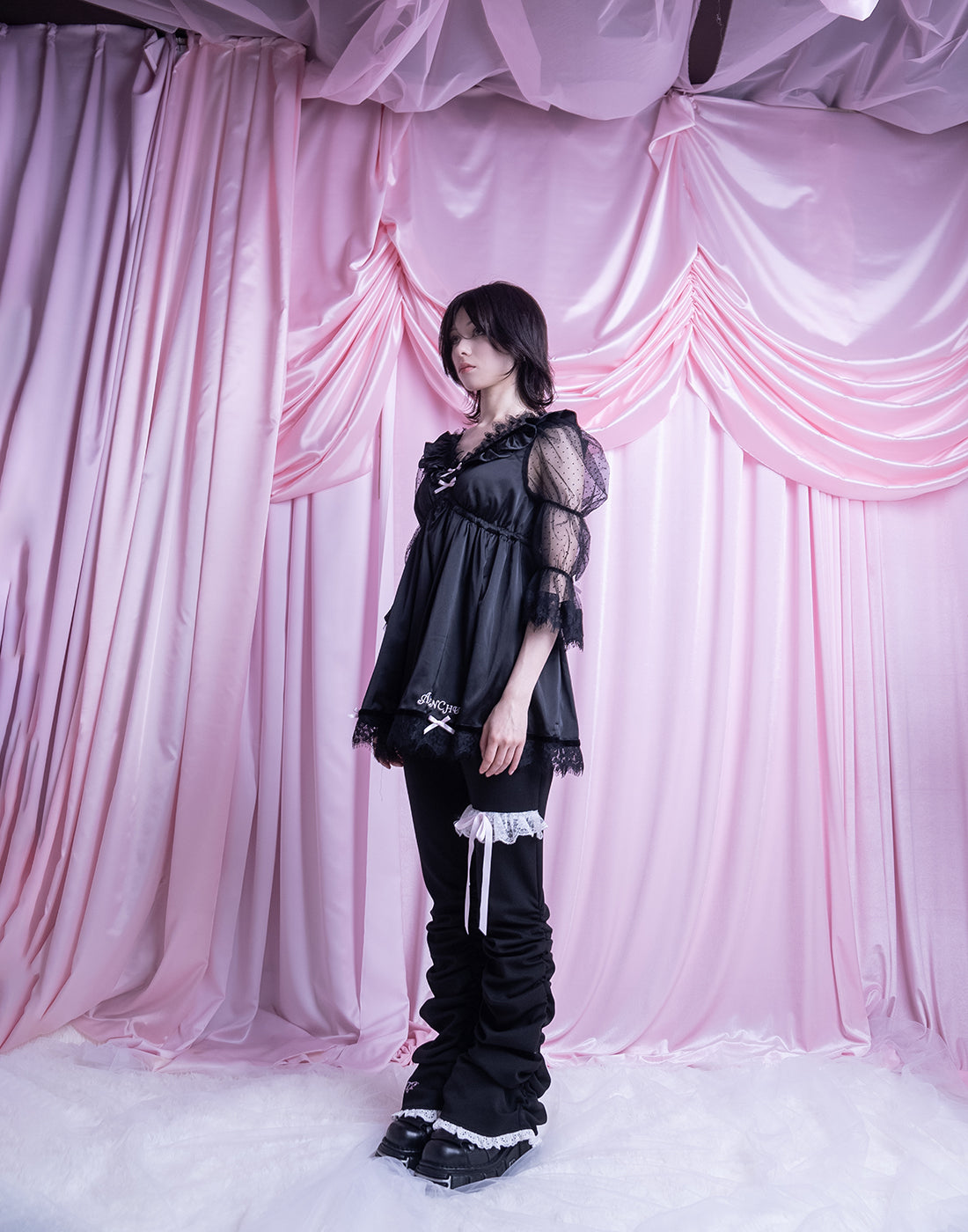 AVENCHUMU Dot tulle & ribbon satin babydoll