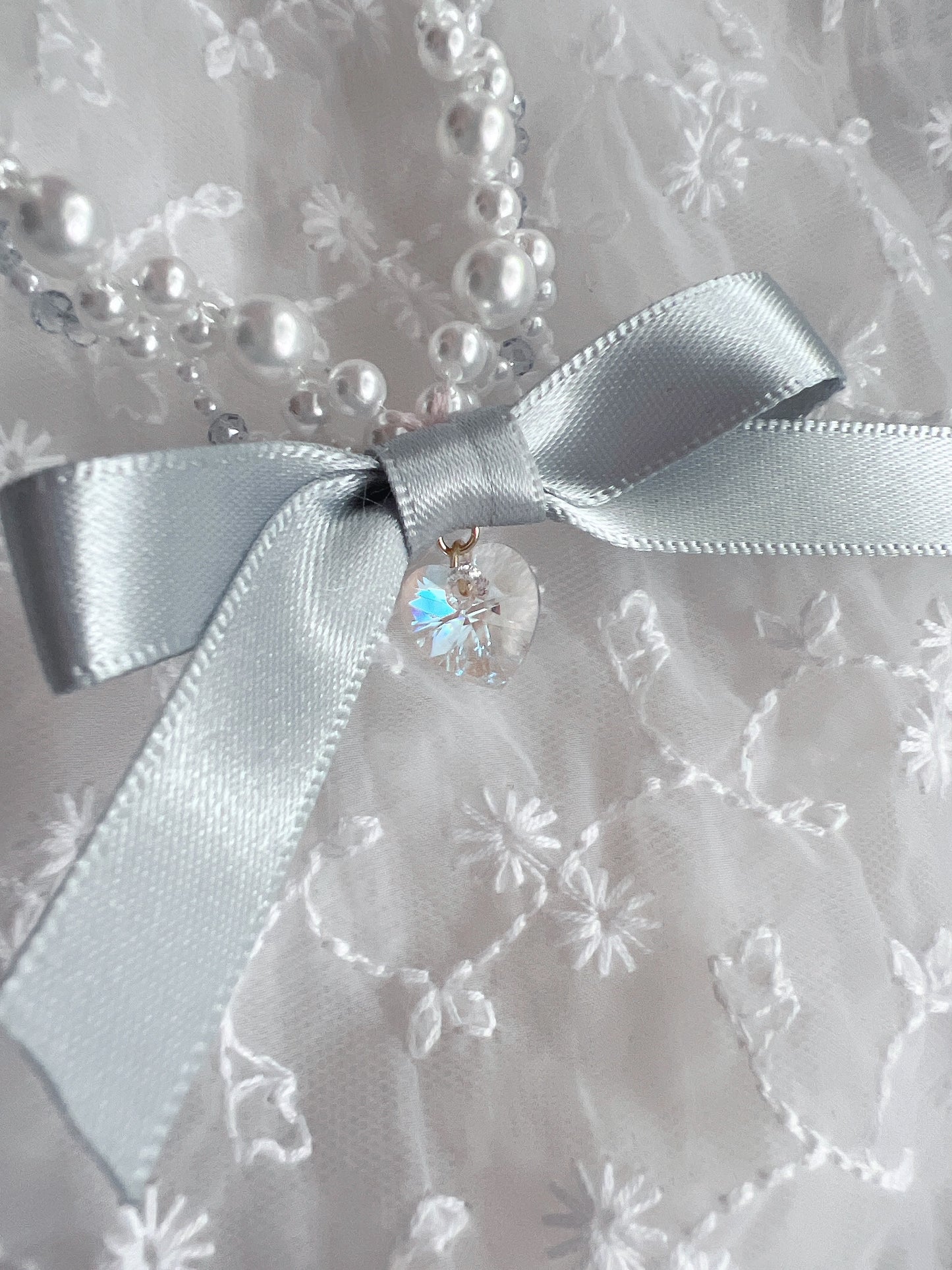 Ribbon Kirakira Heart Pearl Necklace