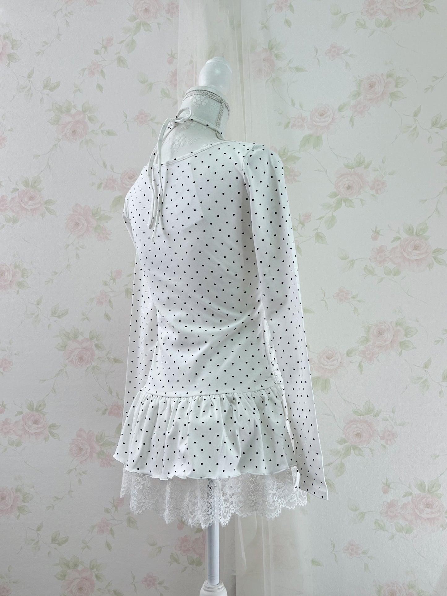 Olive des Polka Dot Lace Hem T-shirt (White)