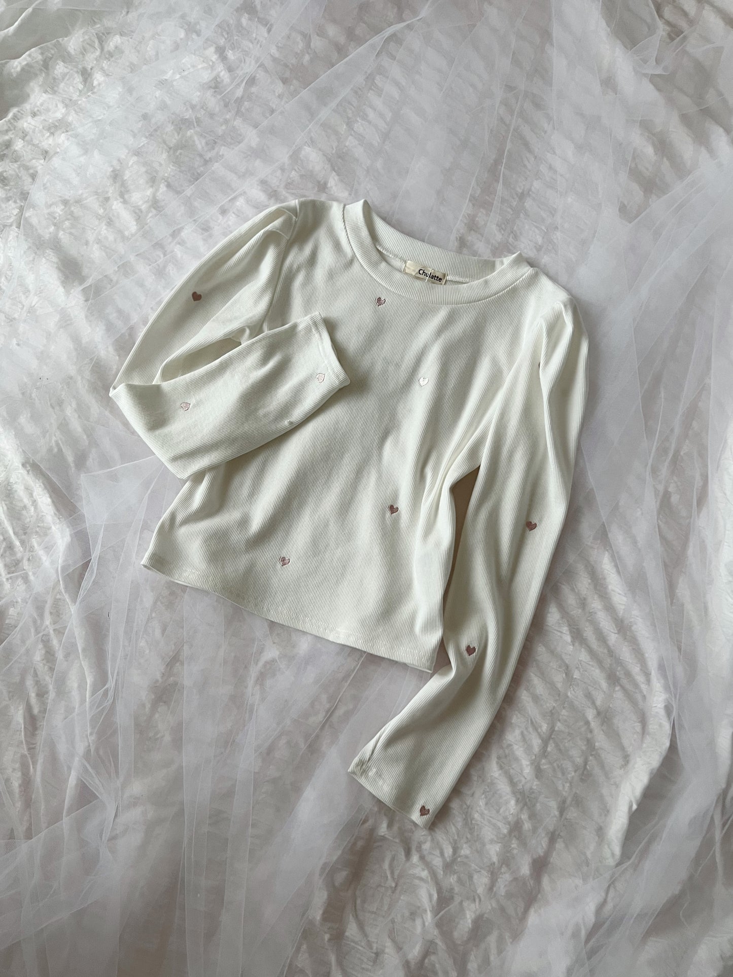 Heart Embroidery Long Sleeved Top (White)