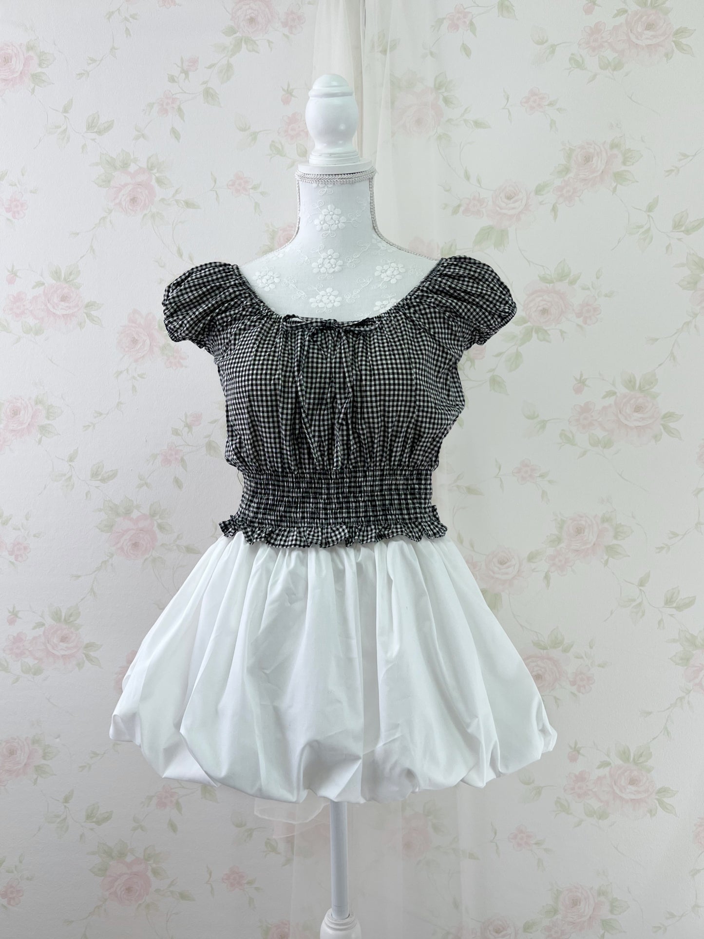 GRL 2 Way Gingham Checked Cotton Blouse (Black)