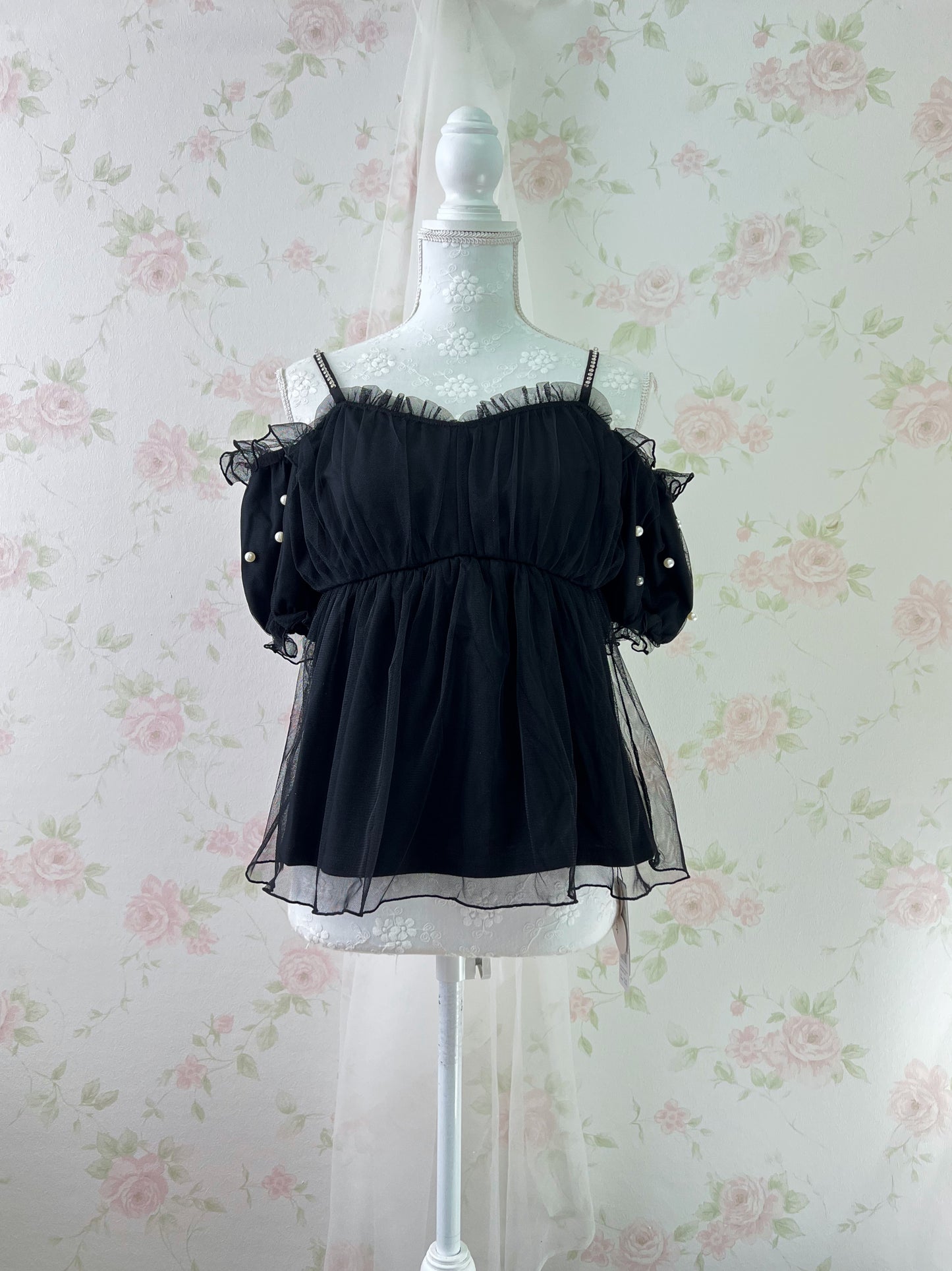 Ank Rouge Crystal Strap Chiffon Top (Black)