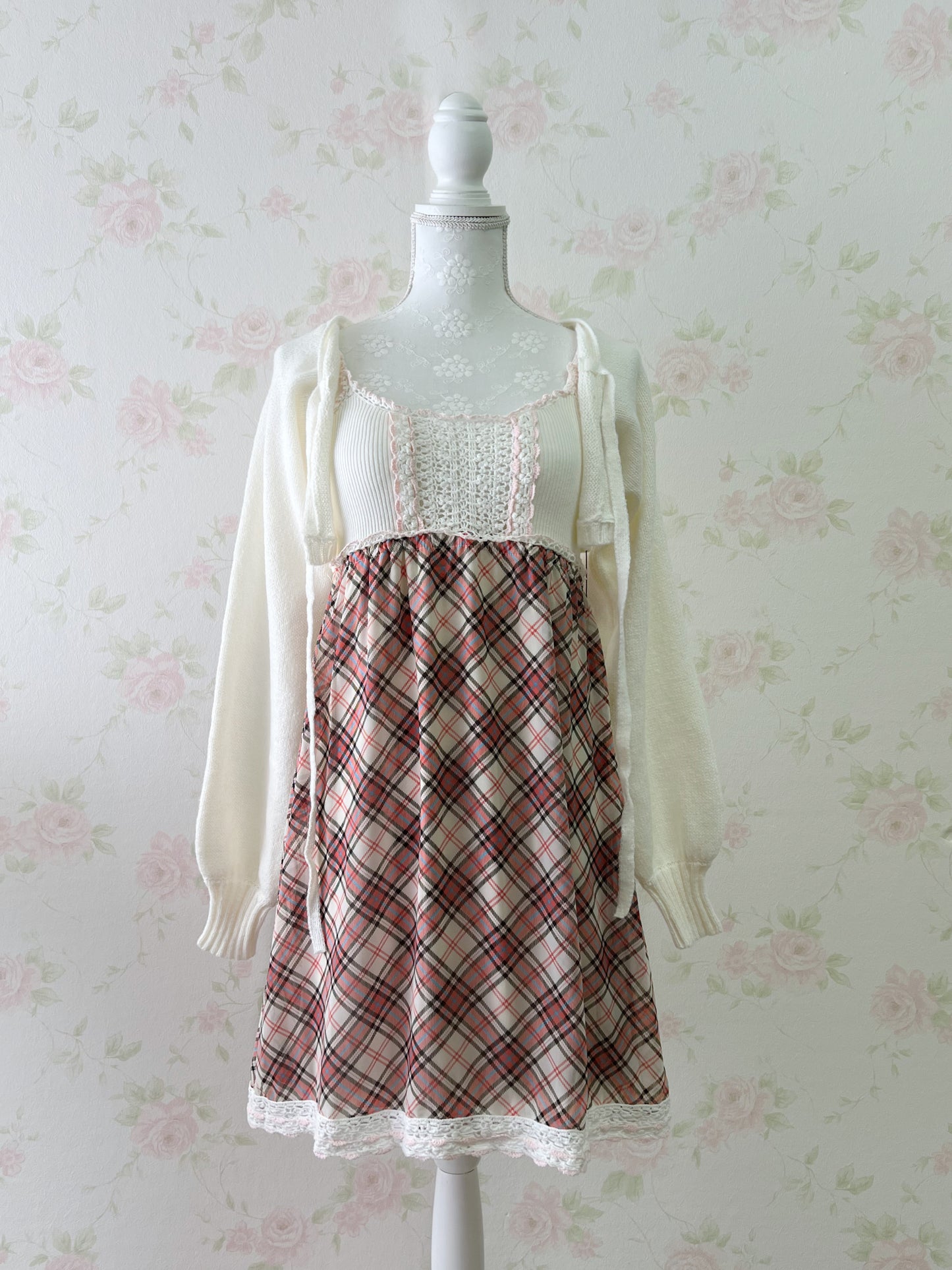 L'EST ROSE Crocheted Checked Camisole Dress