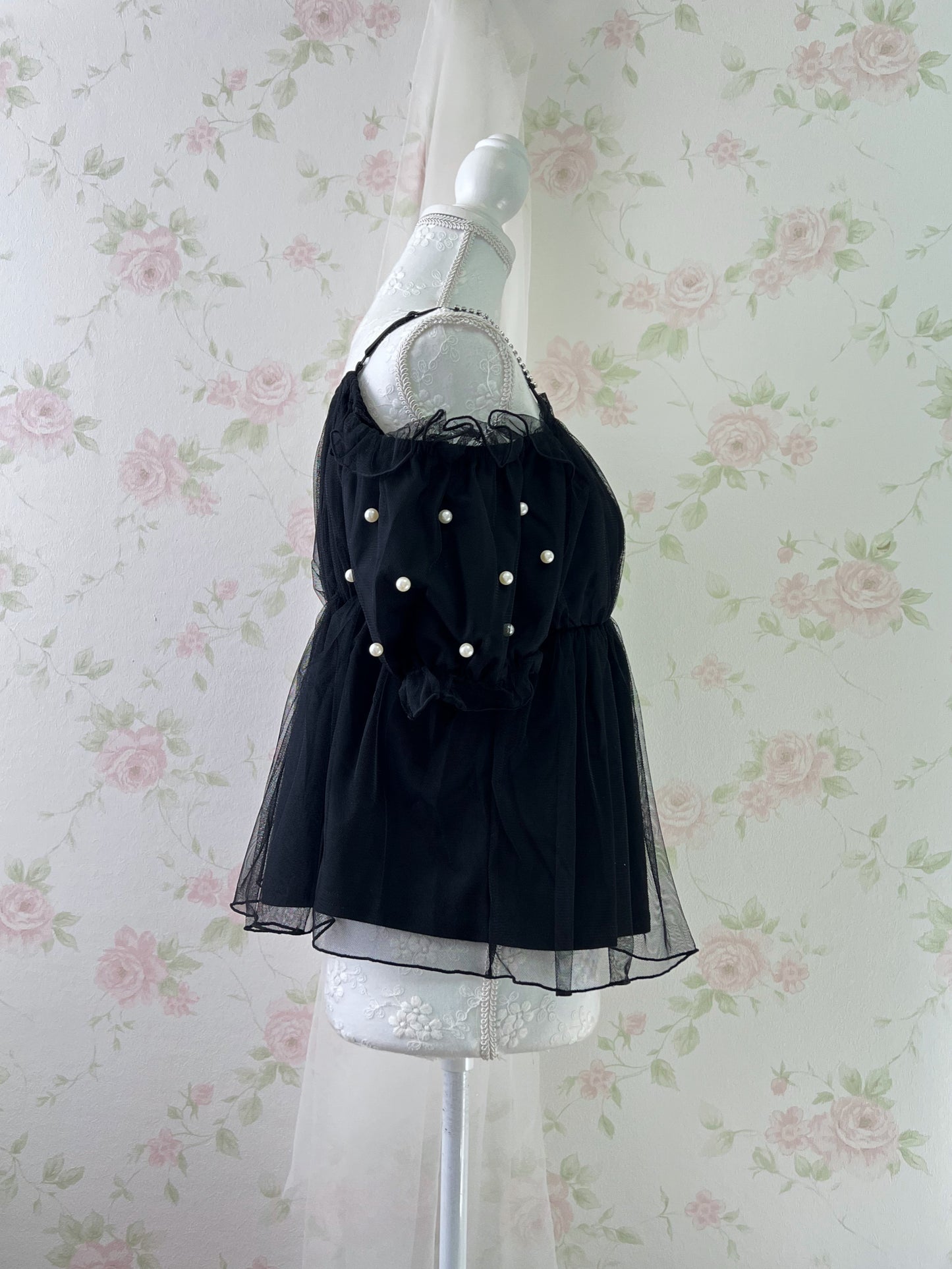Ank Rouge Crystal Strap Chiffon Top (Black)
