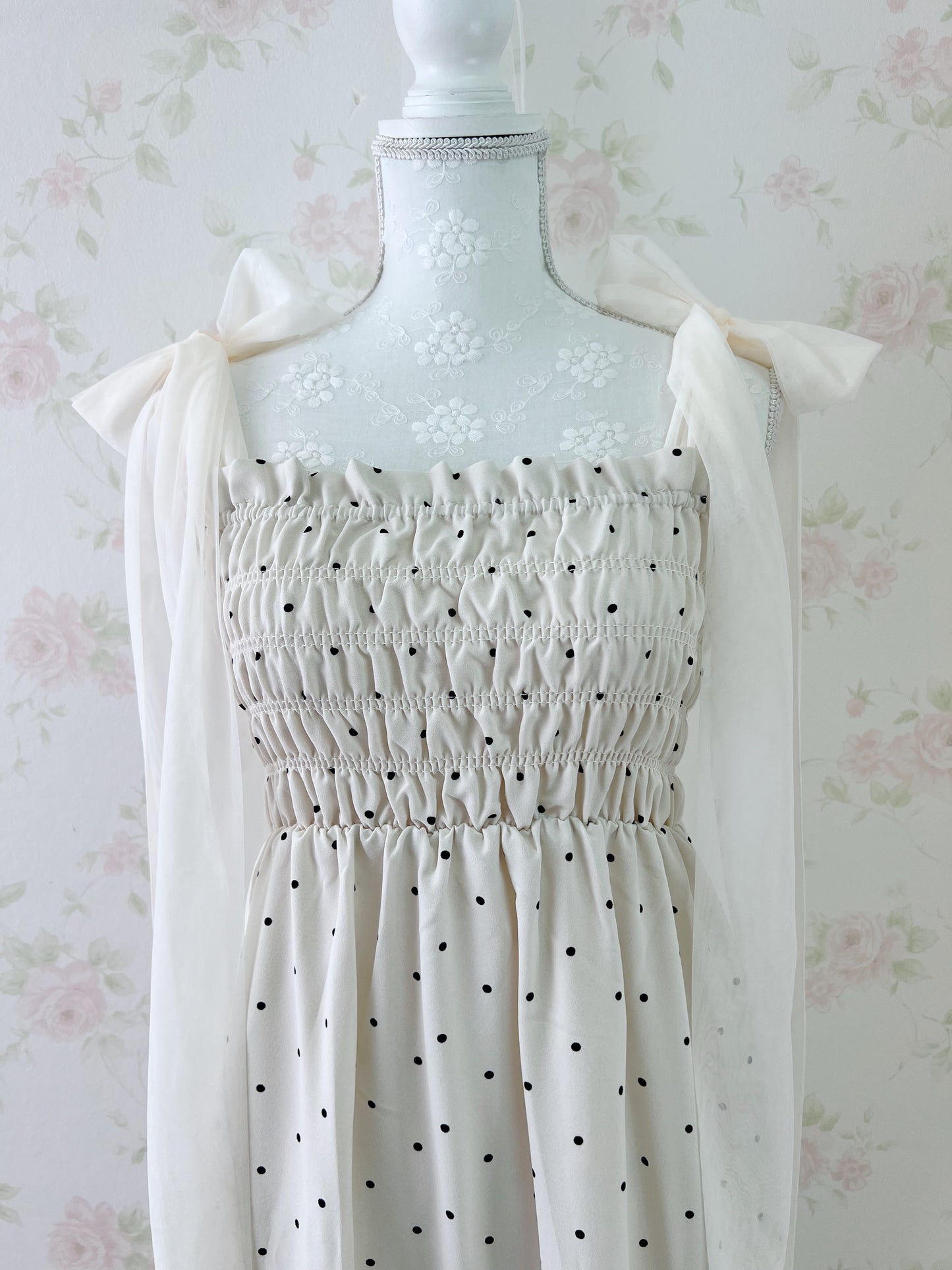 GRL Tulle Ribbon Strap Polka Dot Long Dress (Ivory)