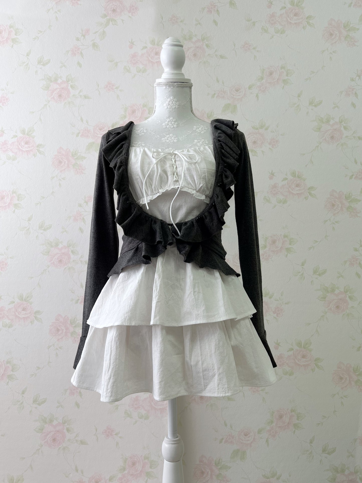 GRL Ruffled V Neck Cardigan (Dark Gray)