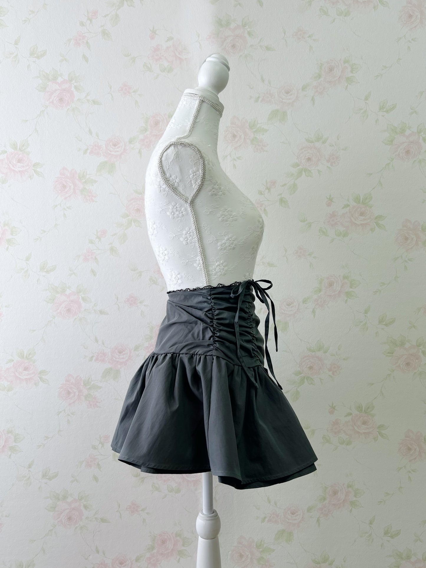 GRL Drawstring Coquette Skirt (Charcoal)