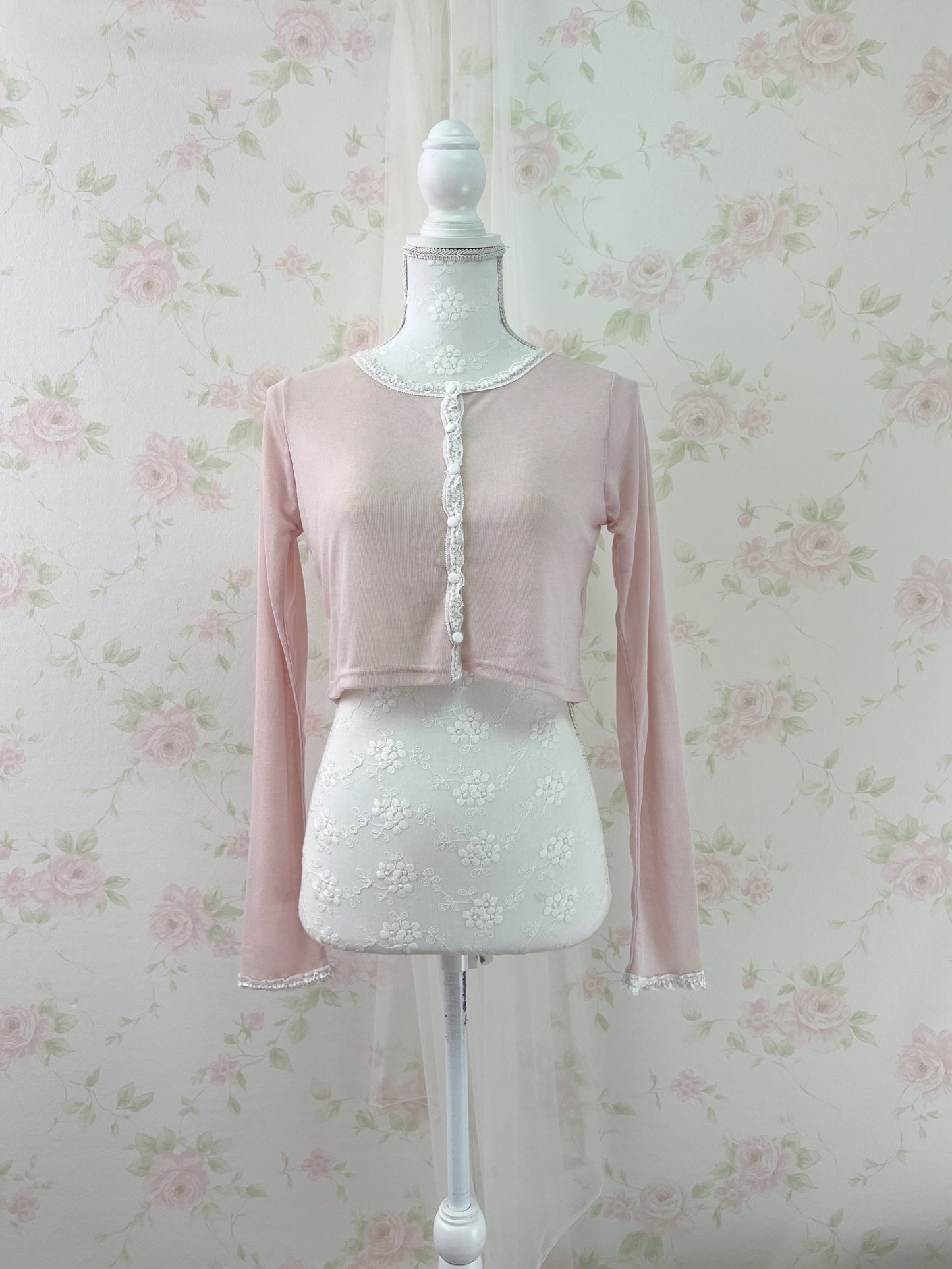 NICE CLAUP Lace Lined Cardigan (Pink)