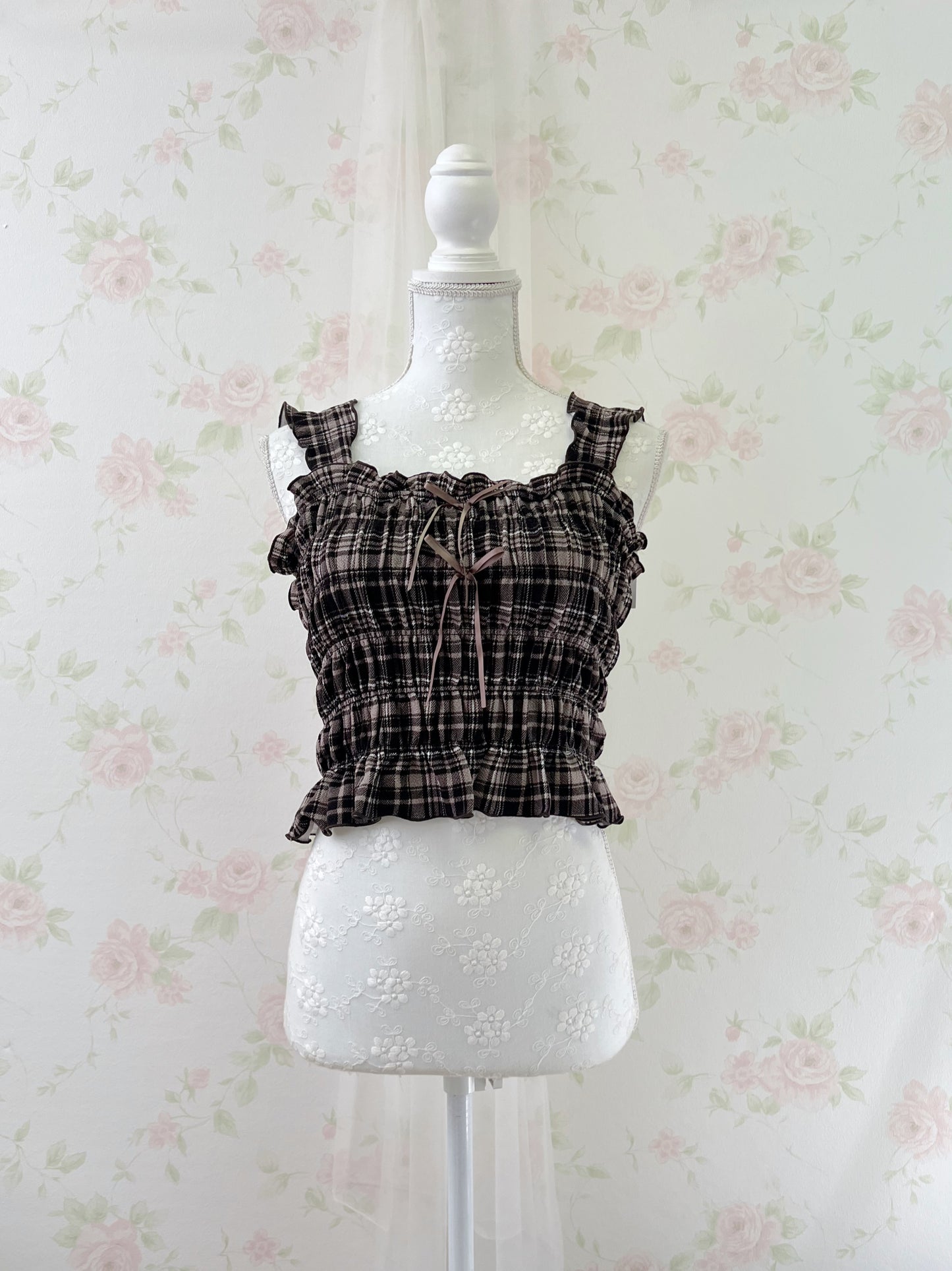 Olive des Olive Checked Double Bow Top (Strawberry Chocolate)