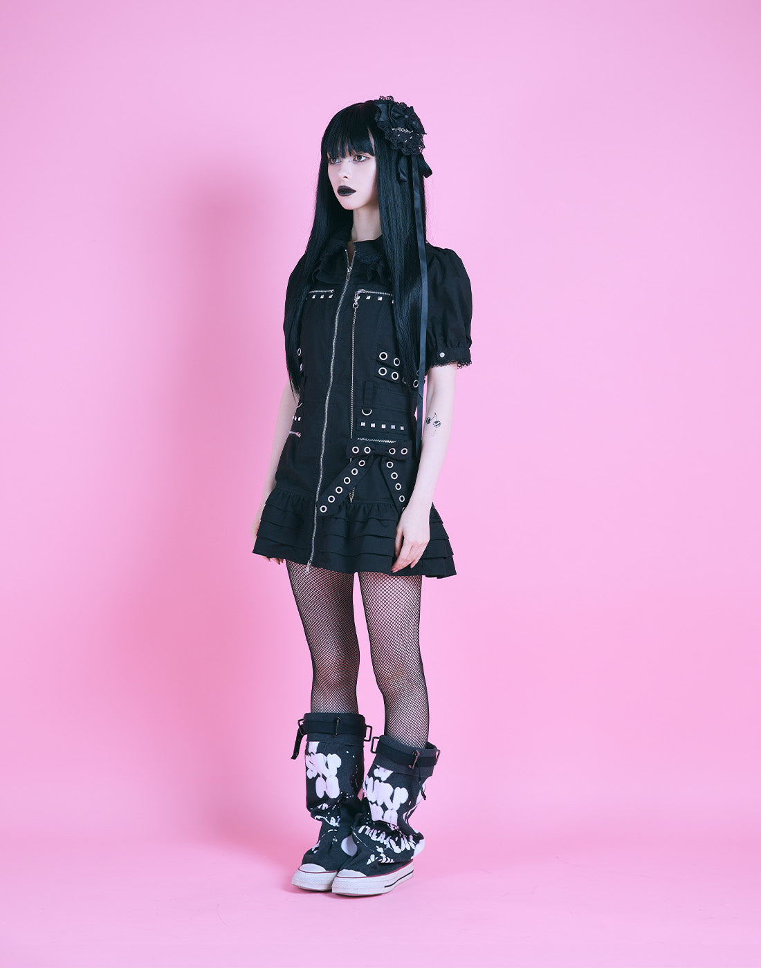 AVENCHUMU Front zip studded belt mini one piece