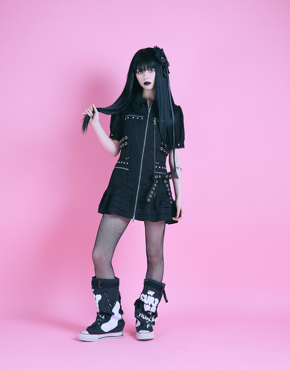 AVENCHUMU Front zip studded belt mini one piece
