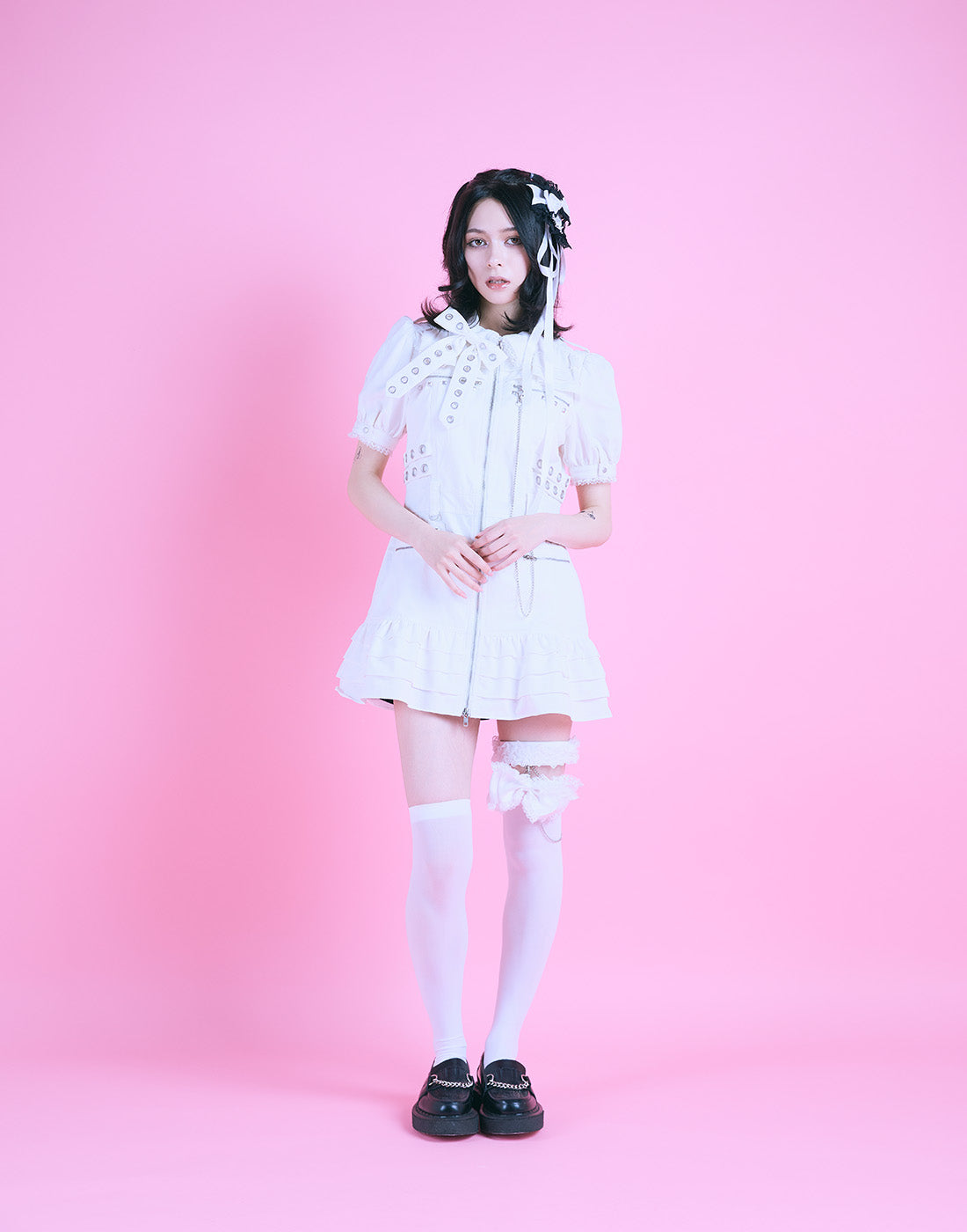 AVENCHUMU Front zip studded belt mini one piece