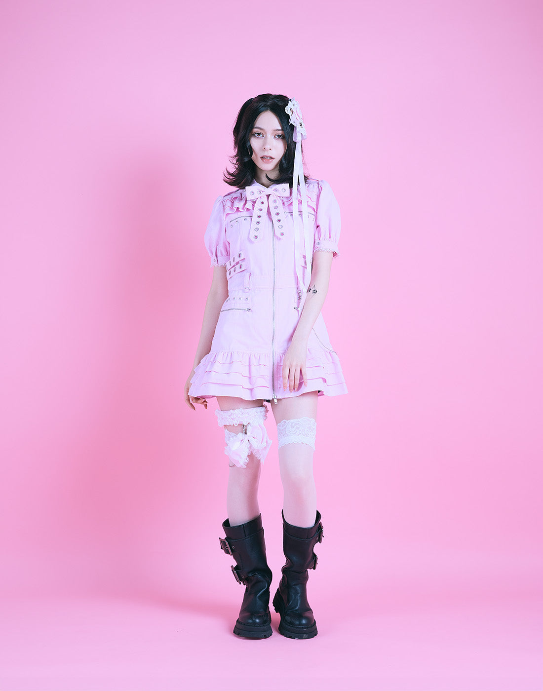 AVENCHUMU Front zip studded belt mini one piece