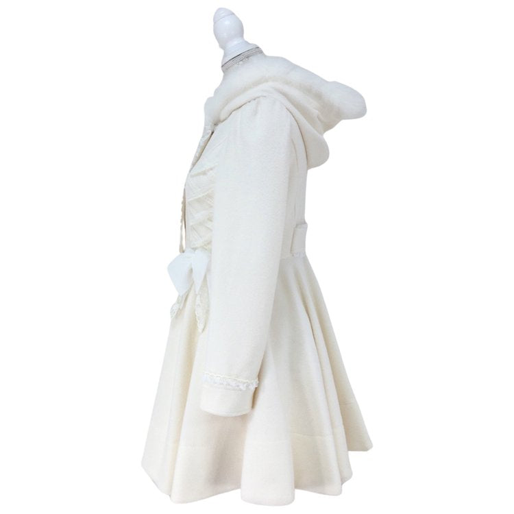 mille fille closet Side Laced Up Fur Hoodie Wool Coat (White)