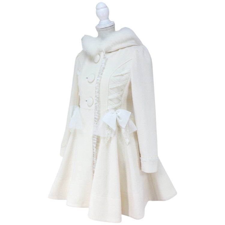 mille fille closet Side Laced Up Fur Hoodie Wool Coat (White)