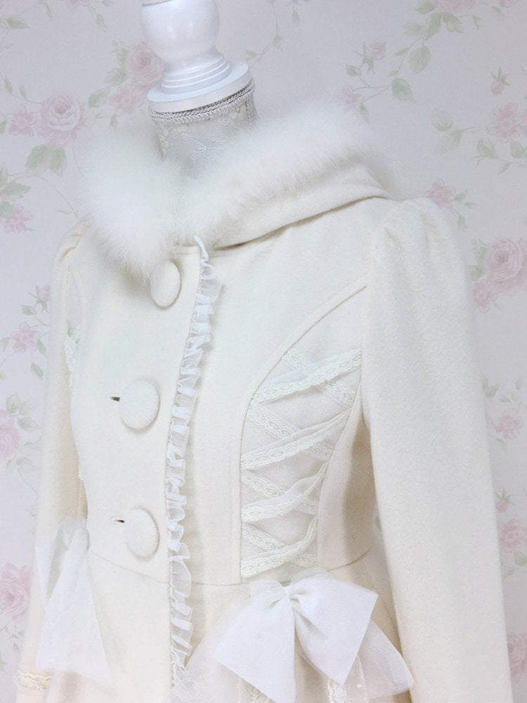 mille fille closet Side Laced Up Fur Hoodie Wool Coat (White)