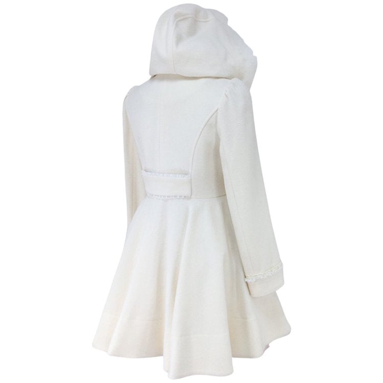 mille fille closet Side Laced Up Fur Hoodie Wool Coat (White)