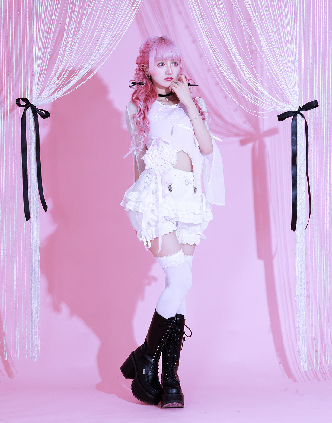 AVENCHUMU Sheer sleeve garter ribbon tops