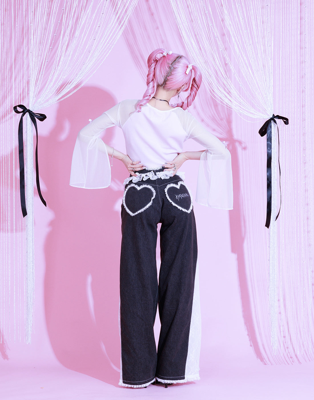 Lacy garter wide denim pants