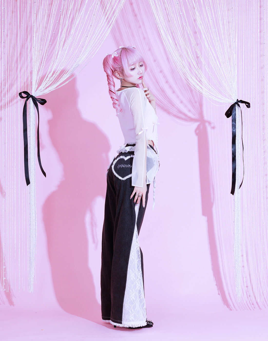 Lacy garter wide denim pants