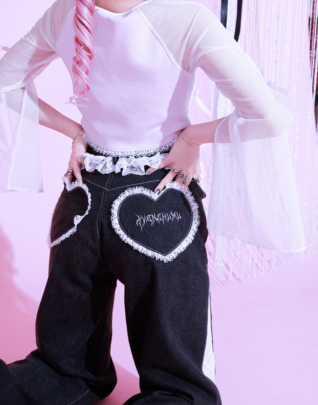 Lacy garter wide denim pants