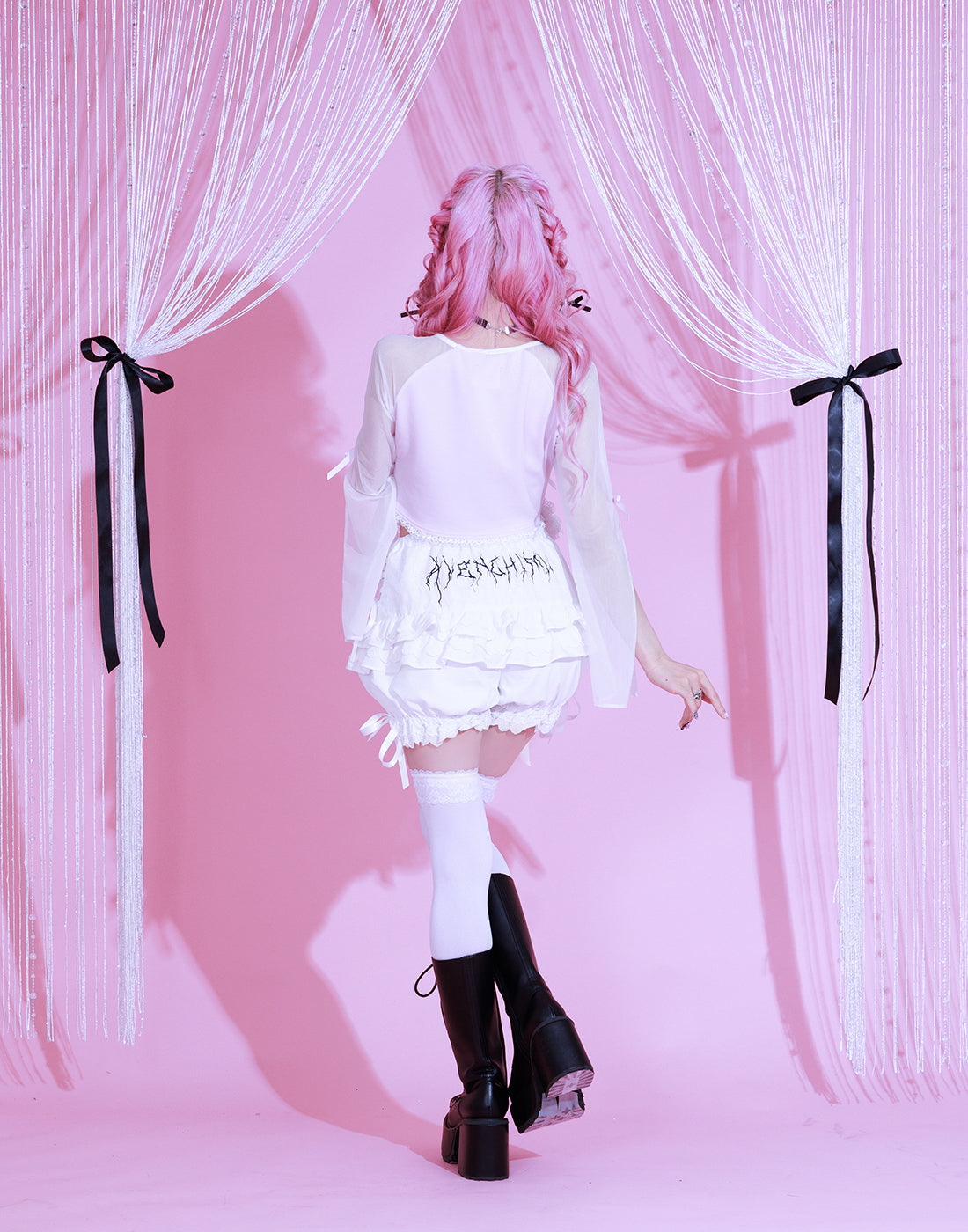 AVENCHUMU Sheer sleeve garter ribbon tops