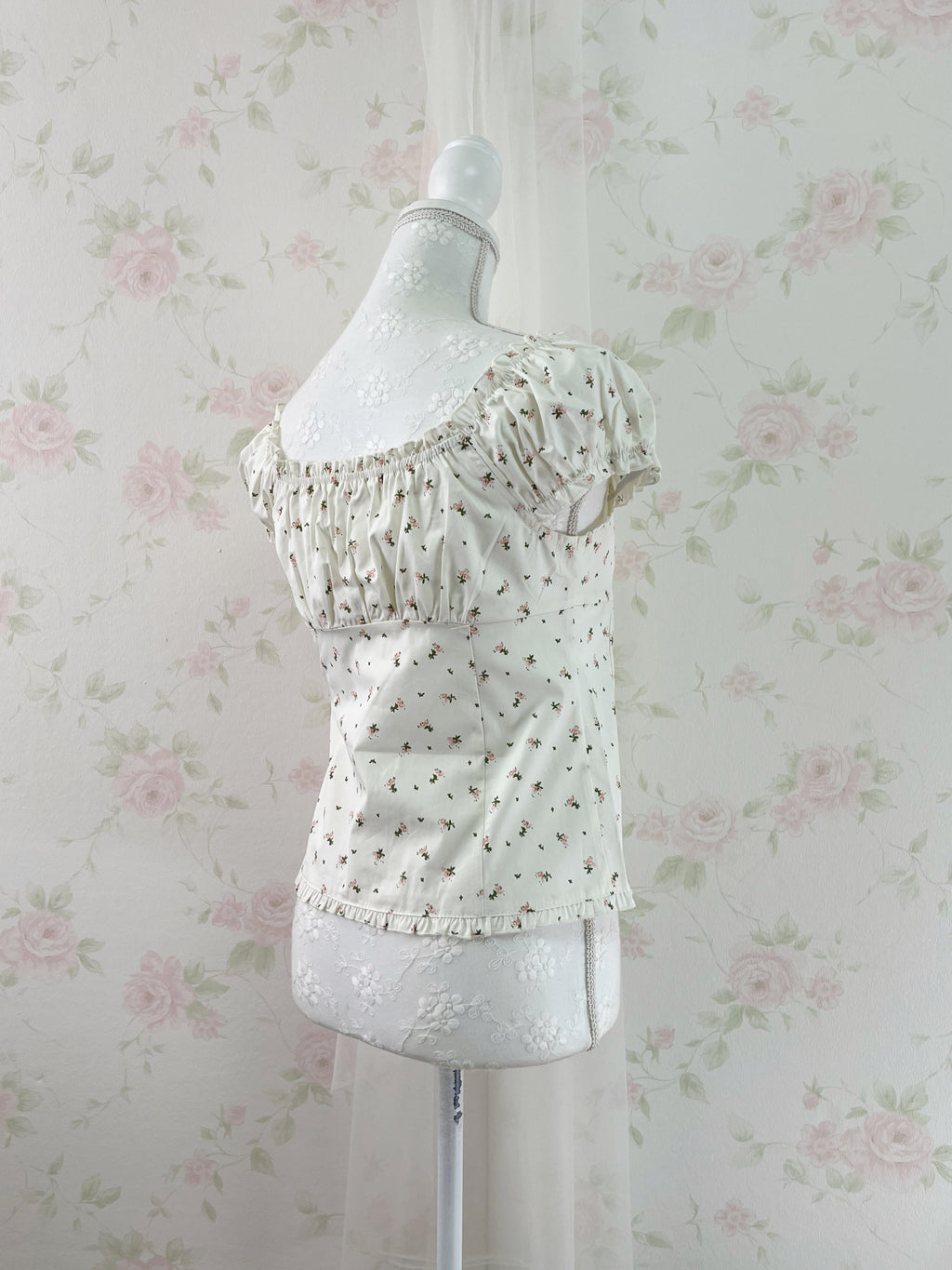 Petite Floral Puff Sleeved Cotton Blouse (Ivory)
