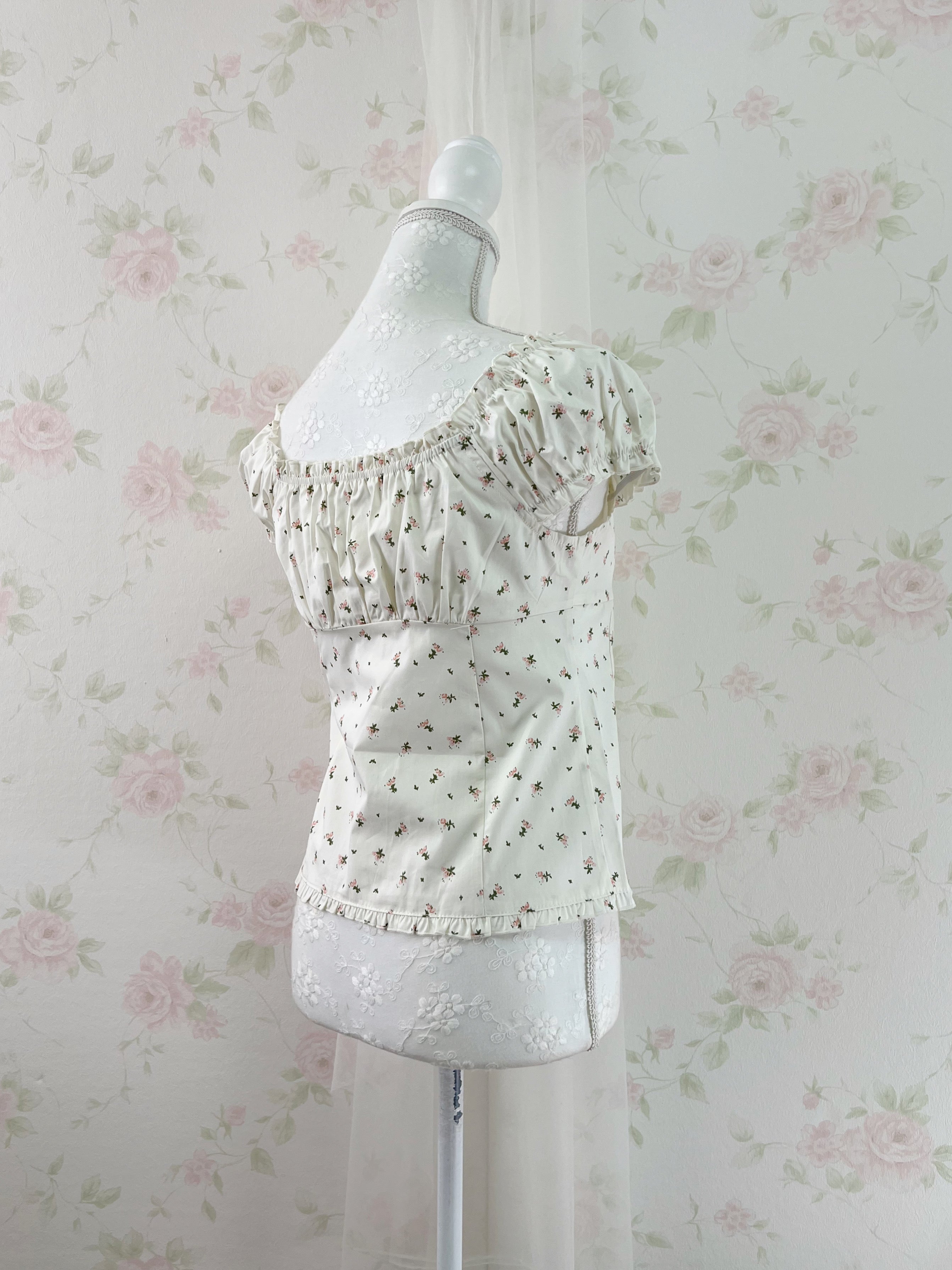 Petite Floral Puff Sleeved Cotton Blouse (Ivory)