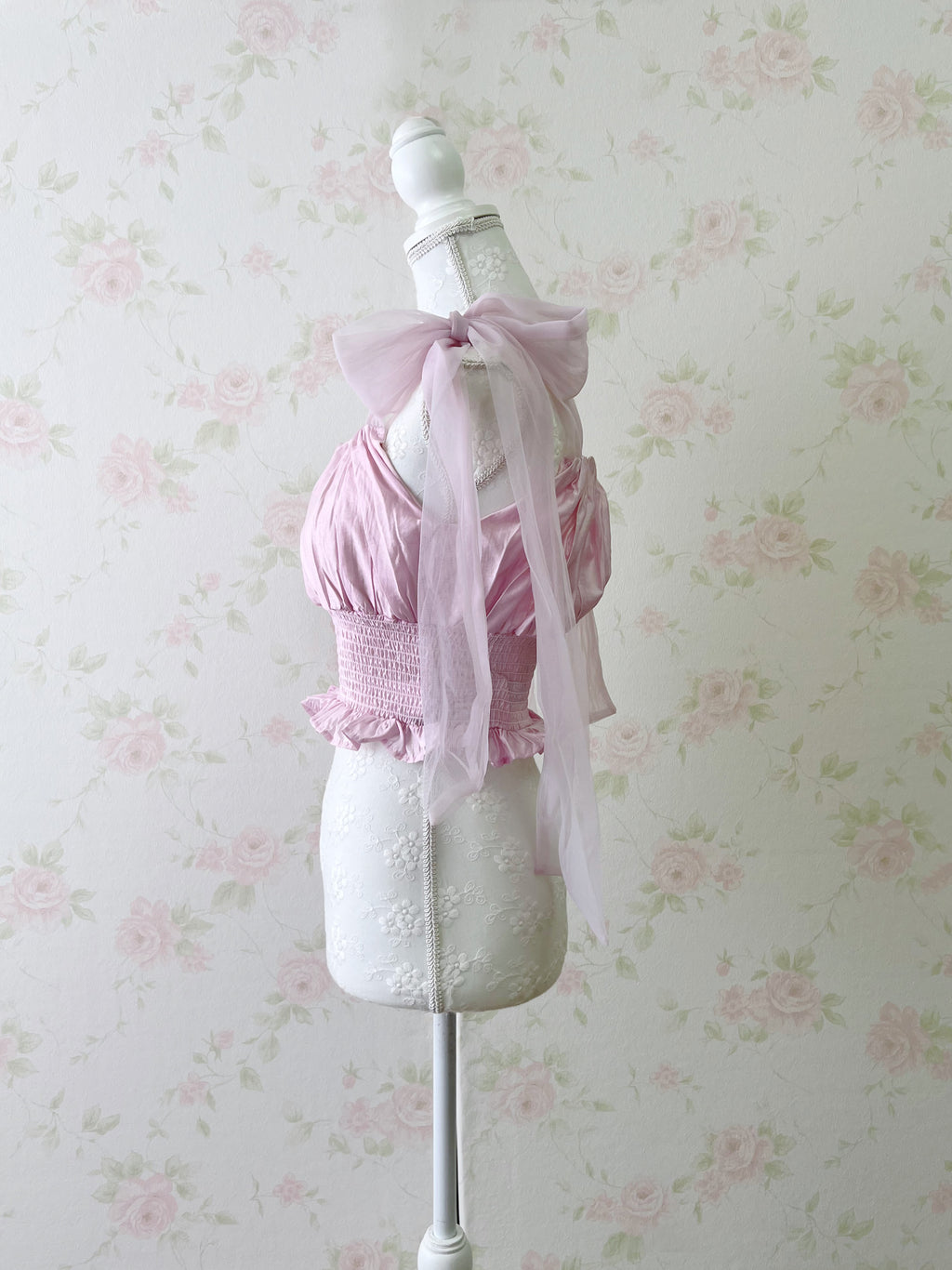 Chiffon Shoulder Bow Silky Top (Pink)