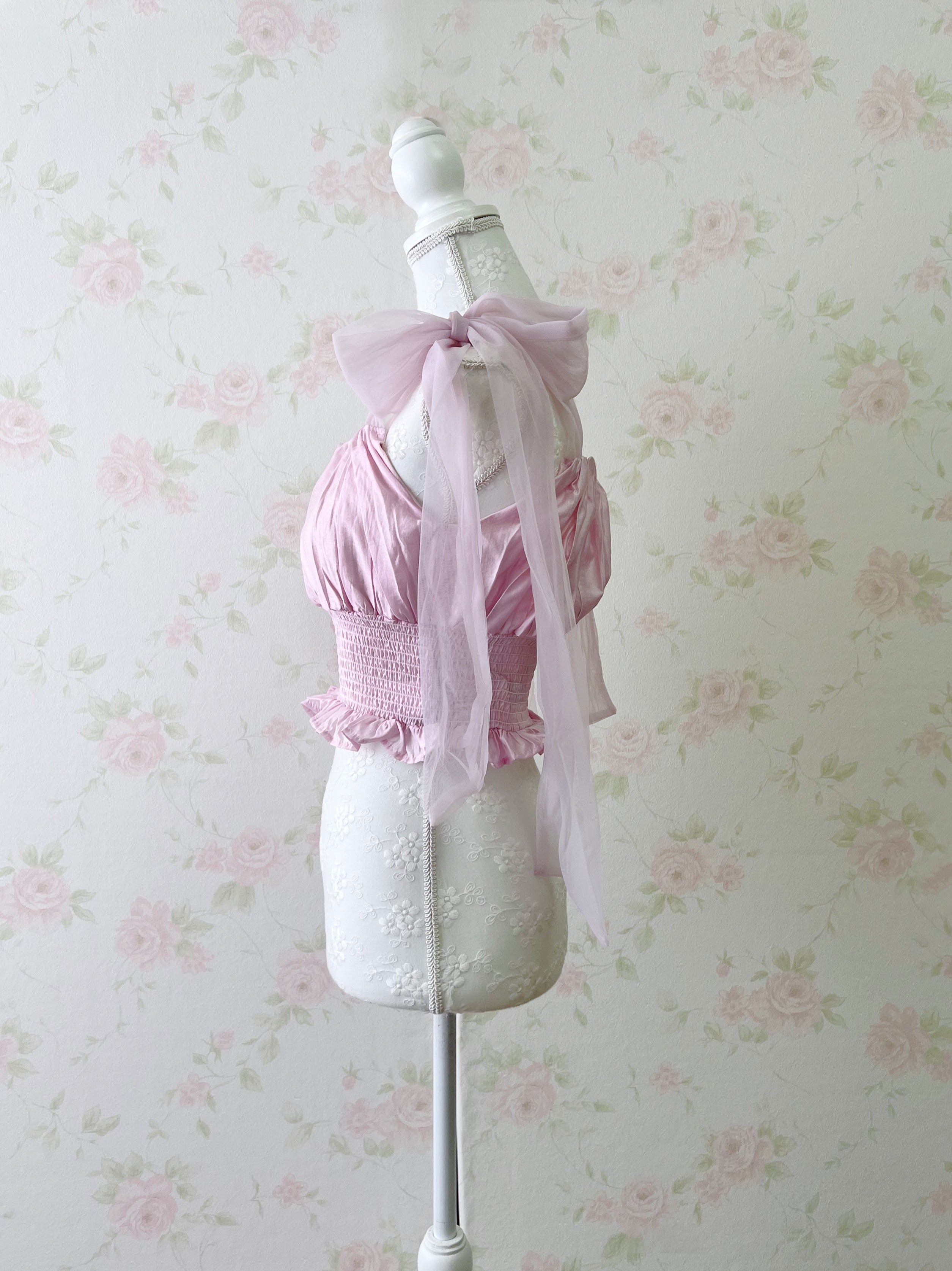 Chiffon Shoulder Bow Silky Top (Pink)
