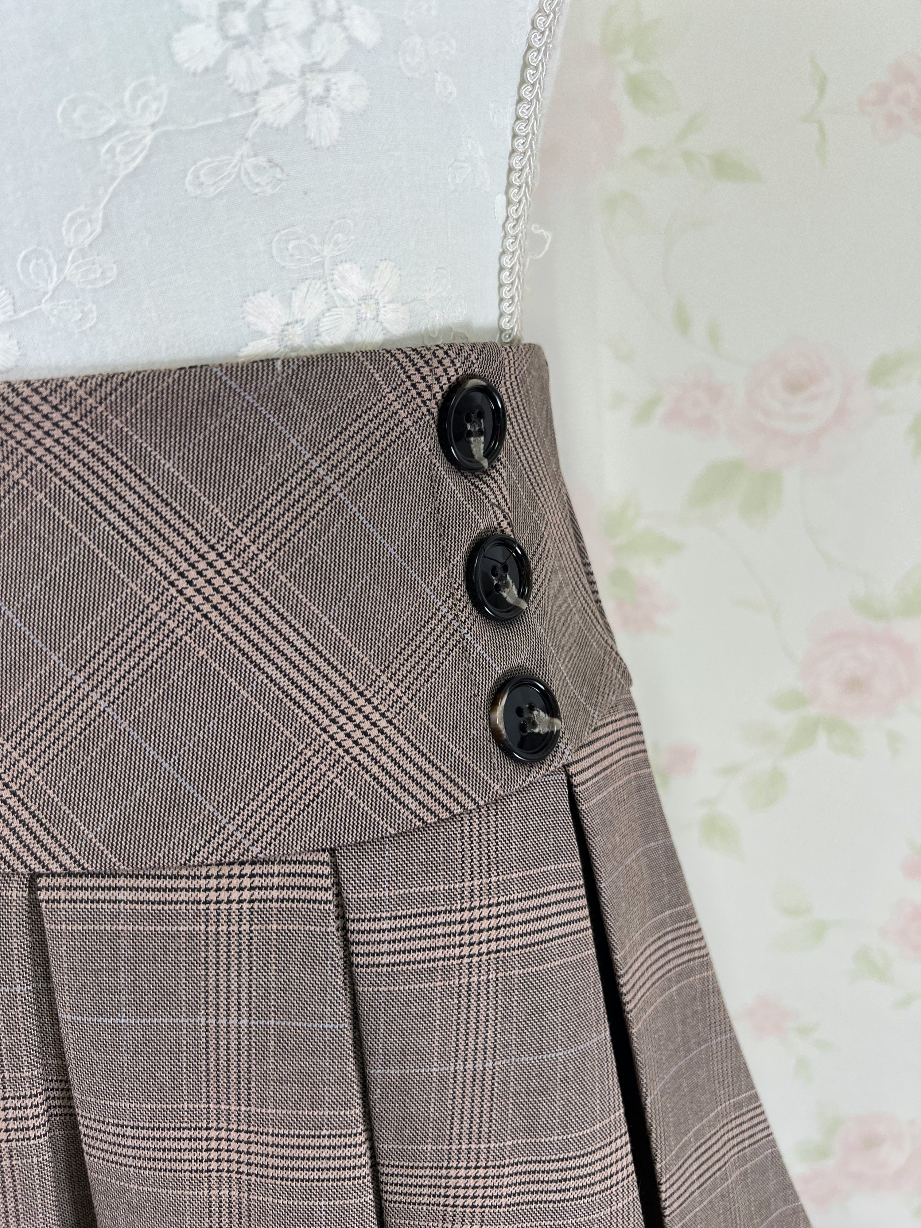 Double Button Checked Pleated Skirt (Brown)