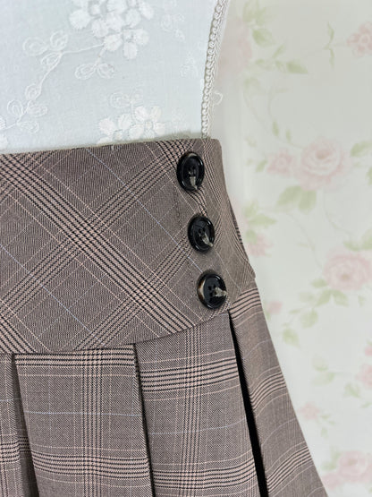 GRL Double Button Checked Pleated Skirt (Brown)