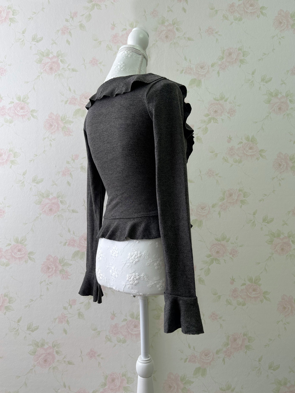Ruffled V Neck Cardigan (Dark Gray)